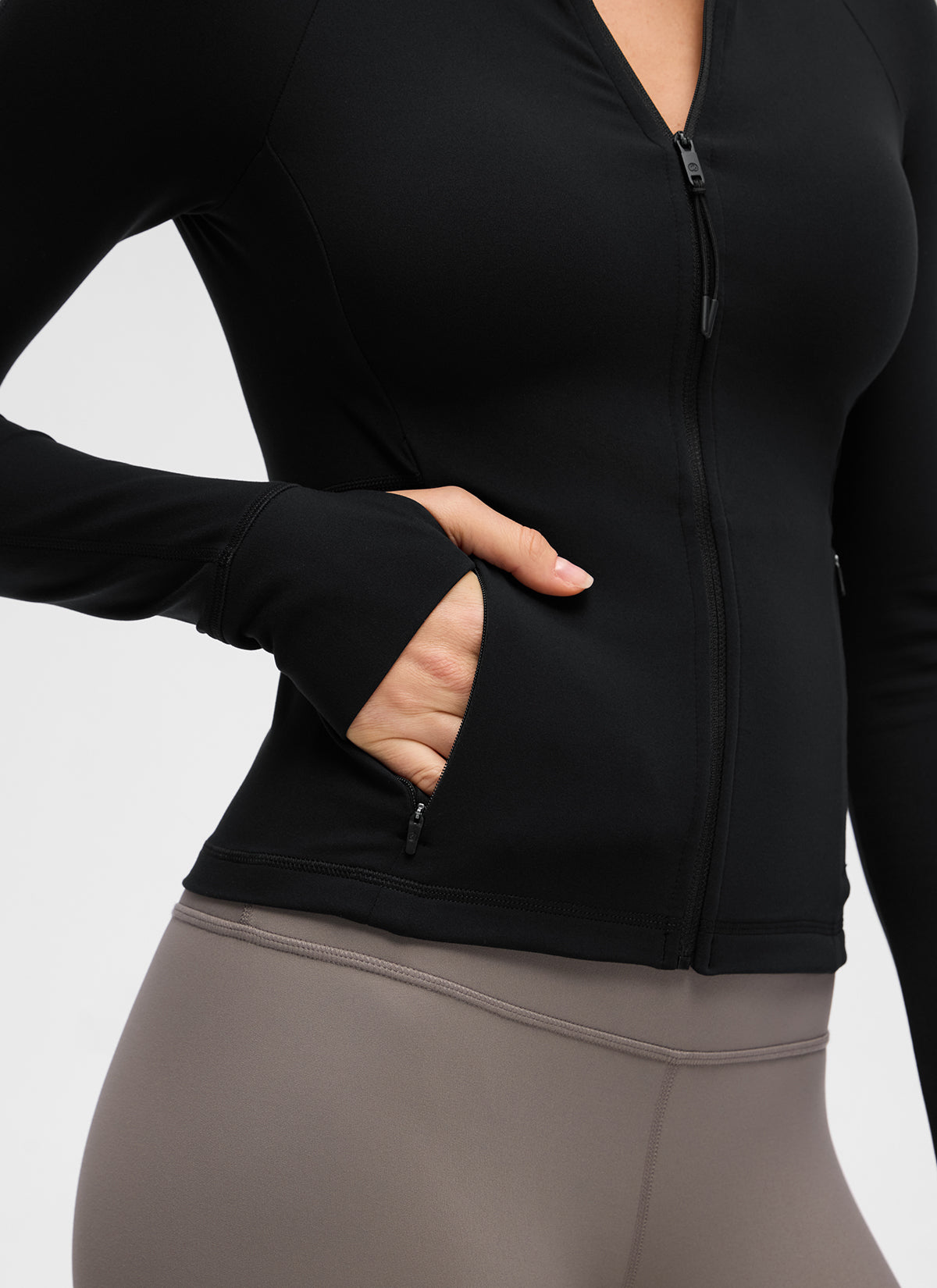 CRZ YOGA Damen Butterluxe V-Neck taillenlang Jacke mit Taschen Schwarz