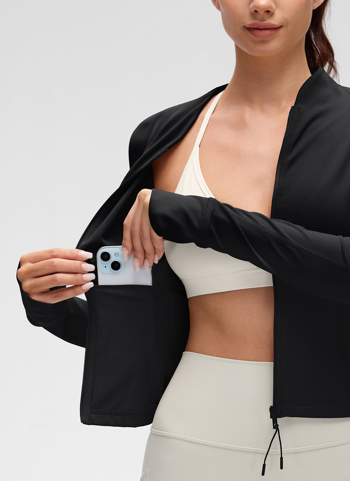 CRZ YOGA Damen Butterluxe V-Neck taillenlang Jacke mit Taschen Schwarz