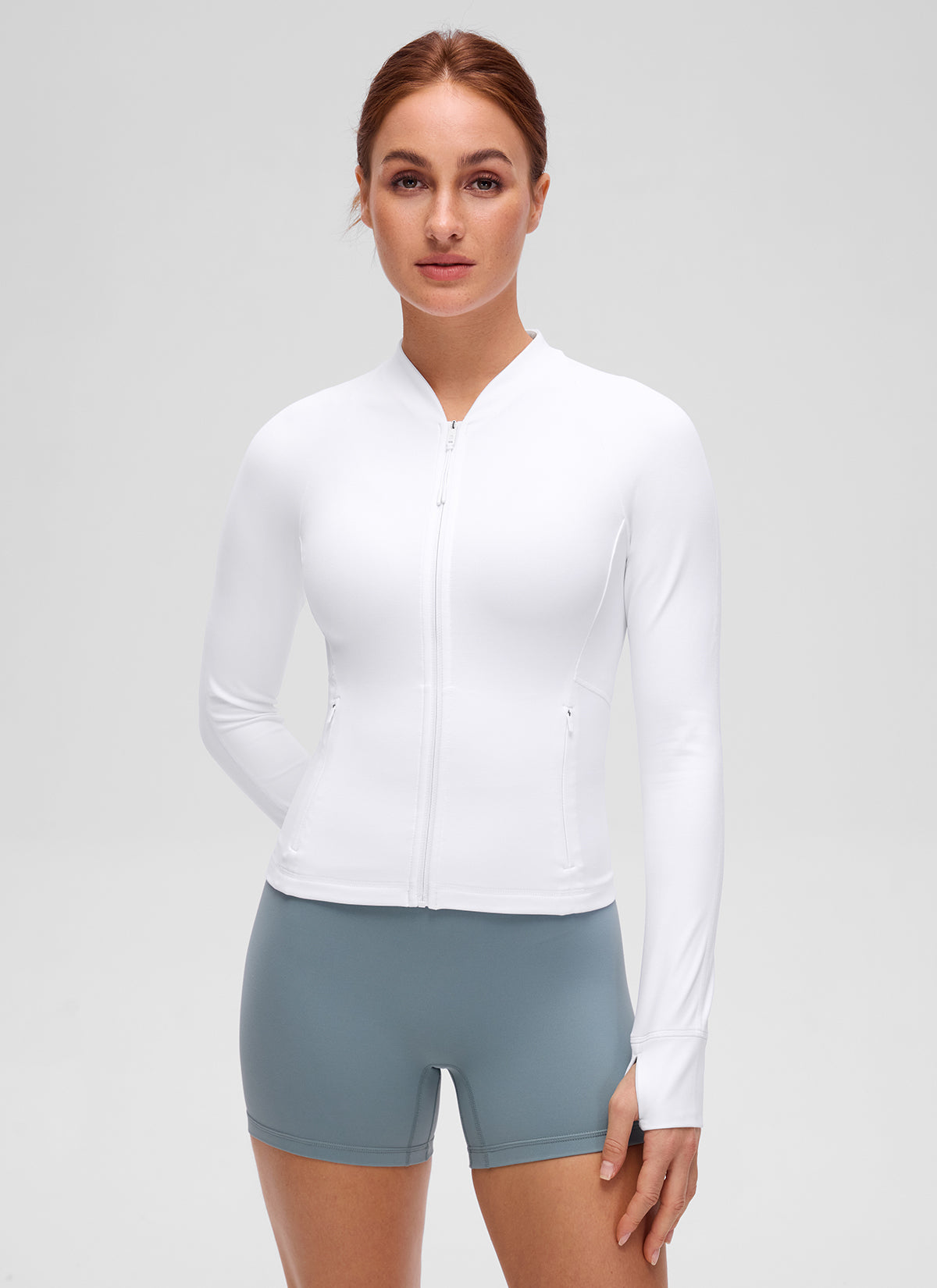 CRZ YOGA Damen Butterluxe V-Neck taillenlang Jacke mit Taschen Weiss