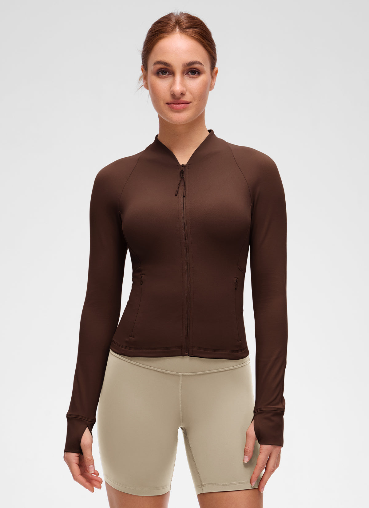 CRZ YOGA Damen Butterluxe V-Neck taillenlang Jacke mit Taschen Lava Braun