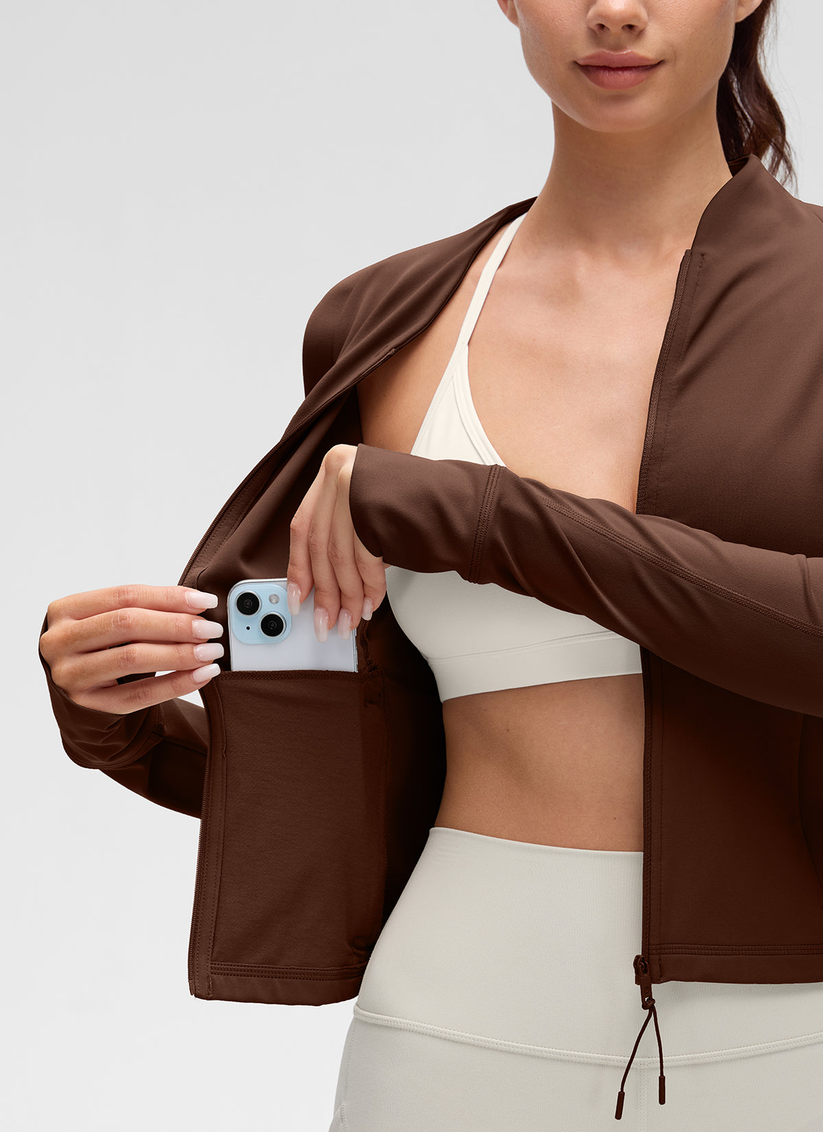 CRZ YOGA Damen Butterluxe V-Neck taillenlang Jacke mit Taschen Lava Braun
