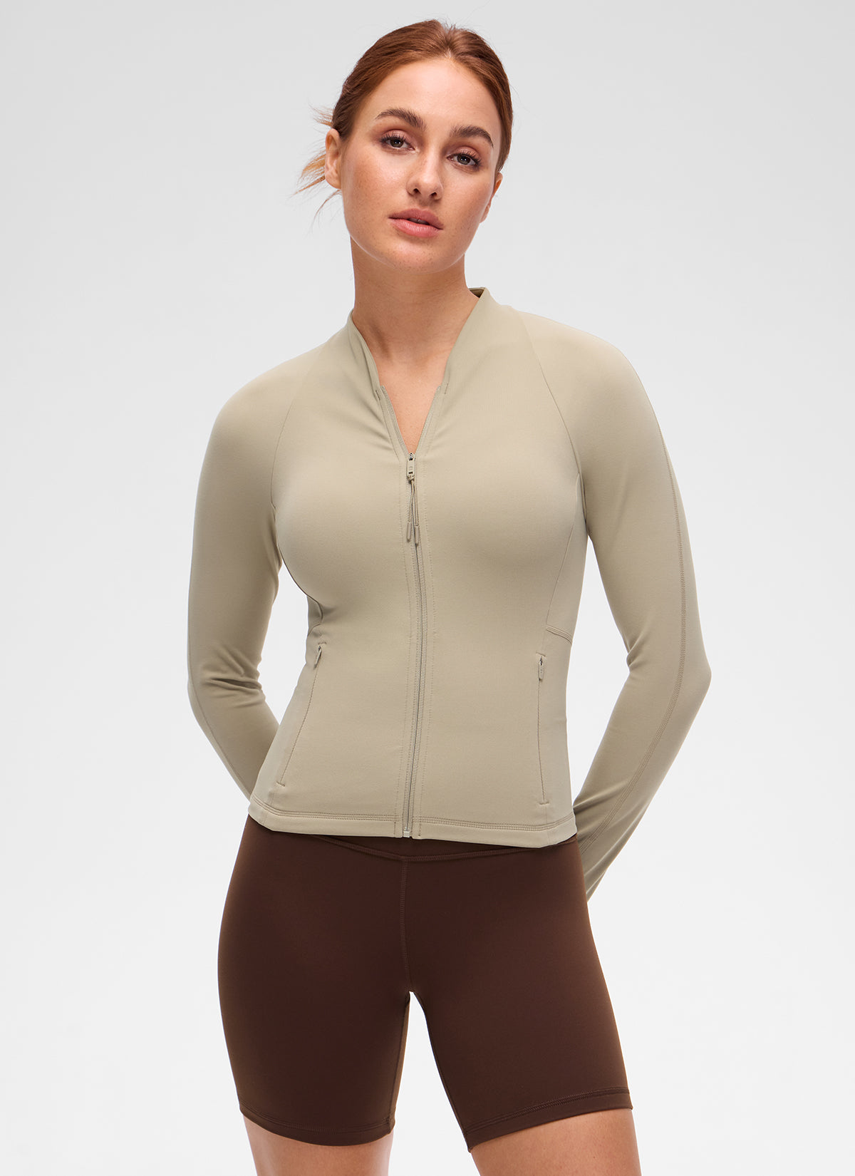 CRZ YOGA Damen Butterluxe V-Neck taillenlang Jacke mit Taschen Eiche