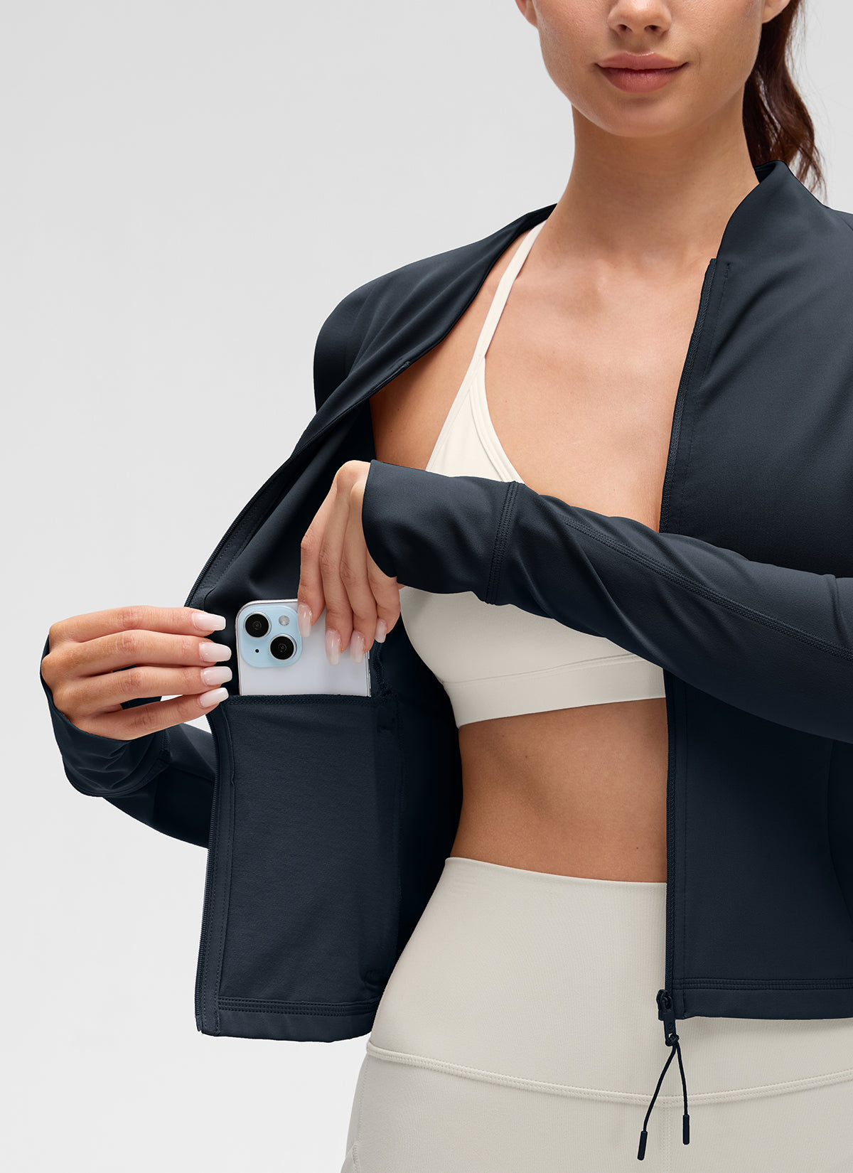 CRZ YOGA Damen Butterluxe V-Neck taillenlang Jacke mit Taschen Echte Marine