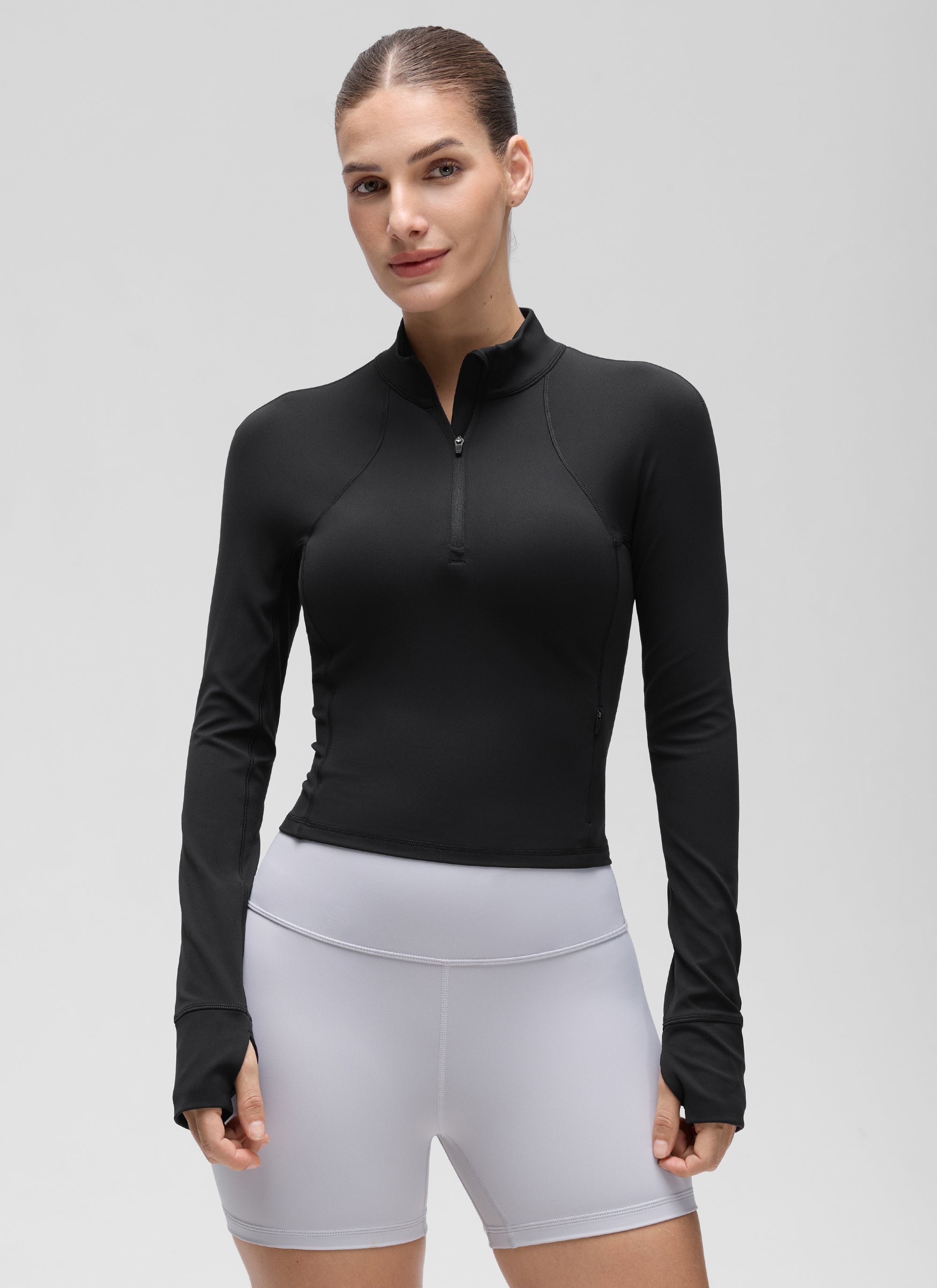 CRZ YOGA Damen Butterluxe Reißverschluss Langarmshirt mit Daumenloch Schwarz
