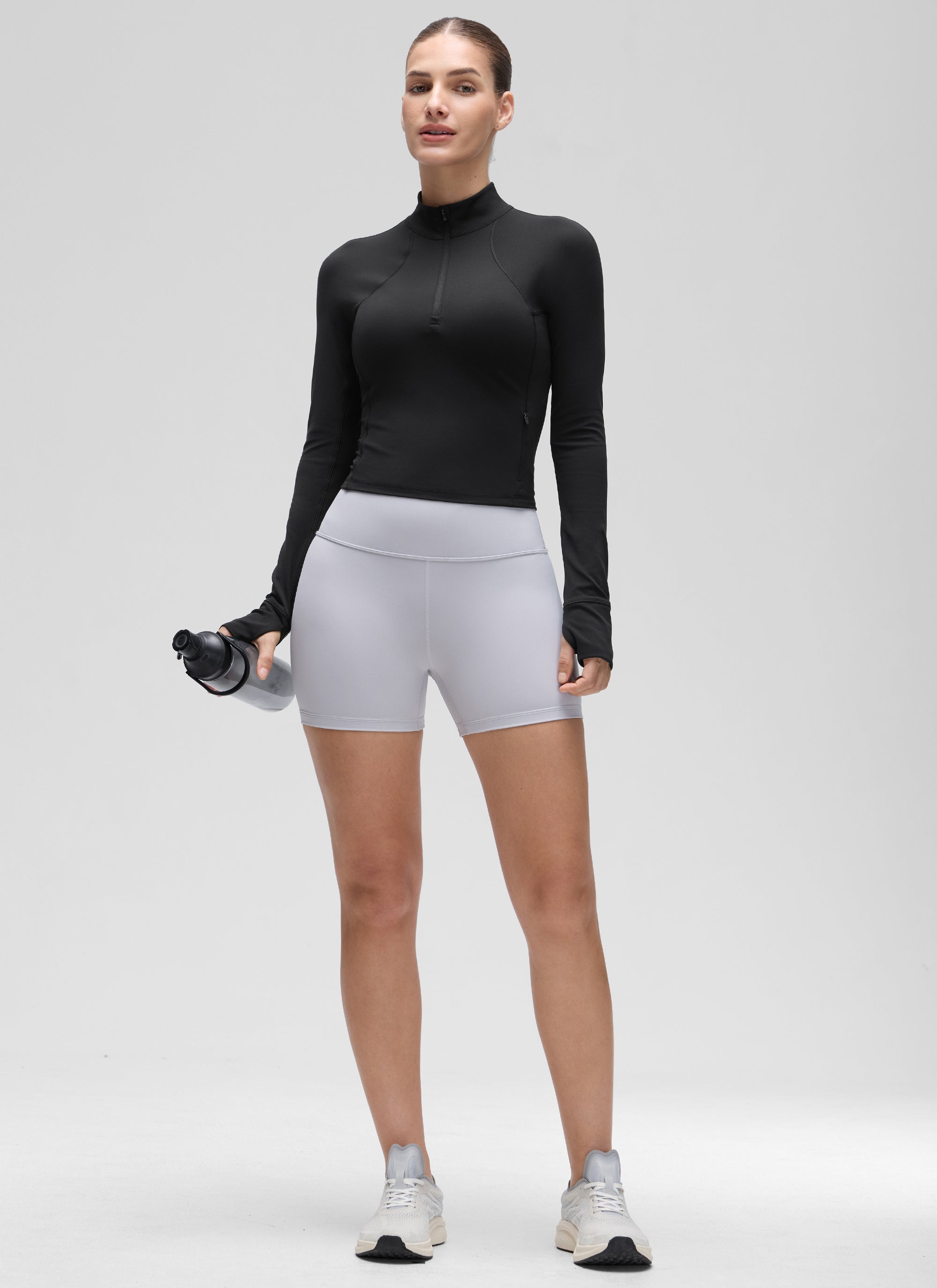 CRZ YOGA Damen Butterluxe Reißverschluss Langarmshirt mit Daumenloch Schwarz