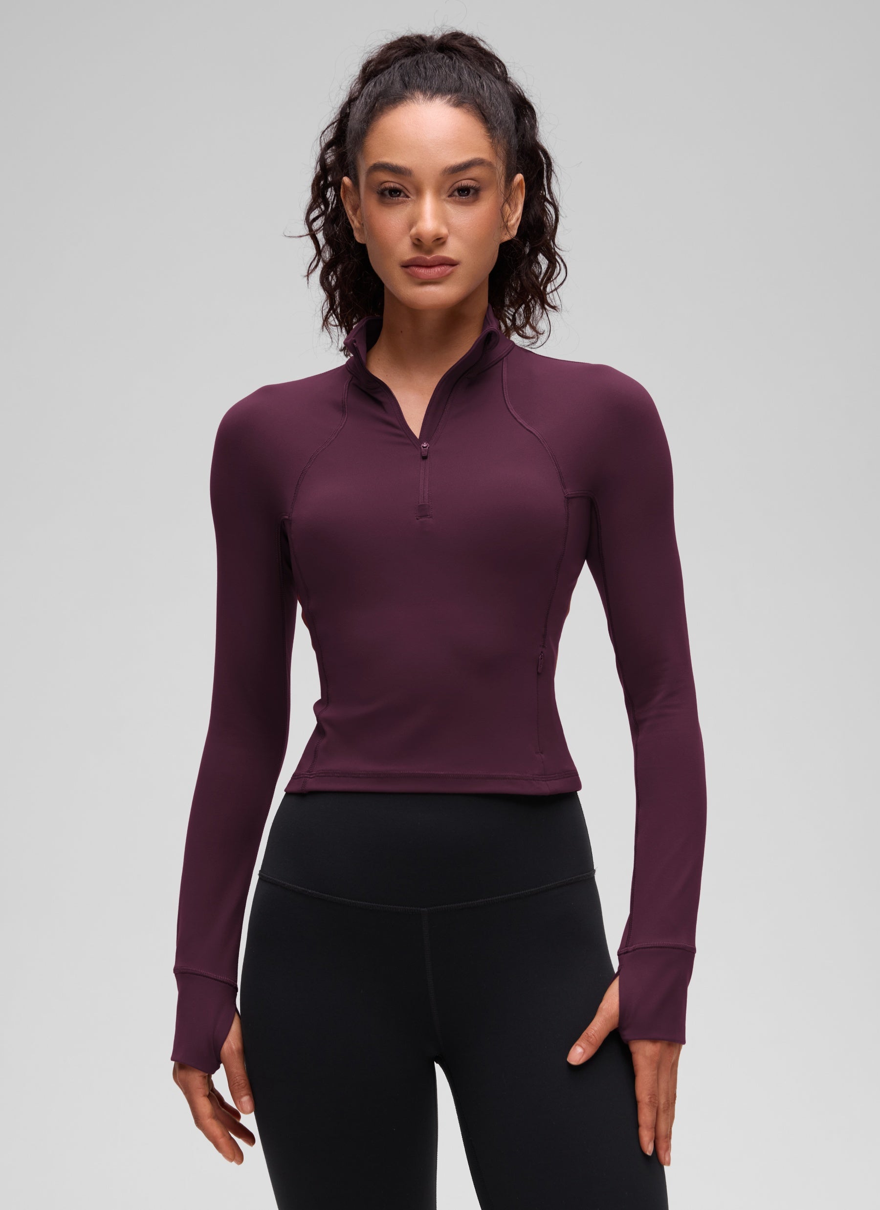 CRZ YOGA Damen Butterluxe Reißverschluss Langarmshirt mit Daumenloch Dunkellila