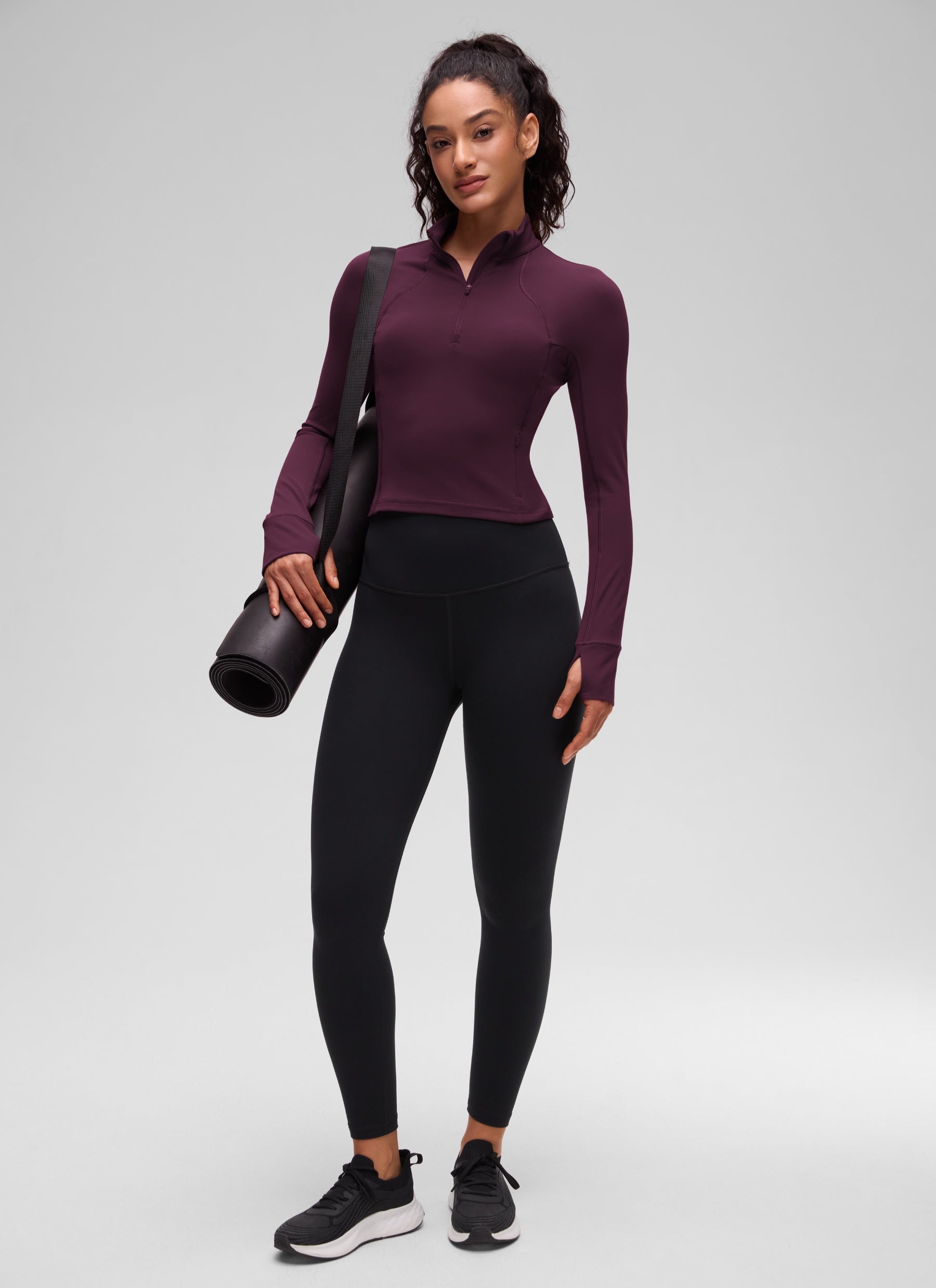 CRZ YOGA Damen Butterluxe Reißverschluss Langarmshirt mit Daumenloch Dunkellila
