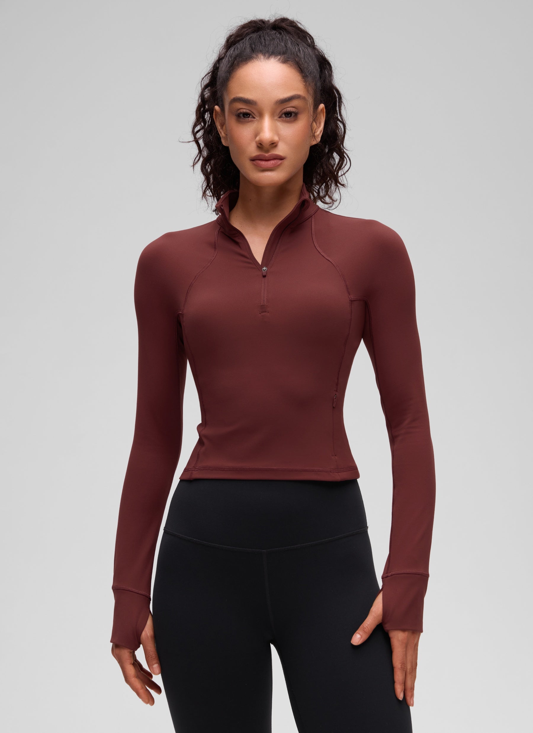 CRZ YOGA Damen Butterluxe Reißverschluss Langarmshirt mit Daumenloch Noctilucence rot