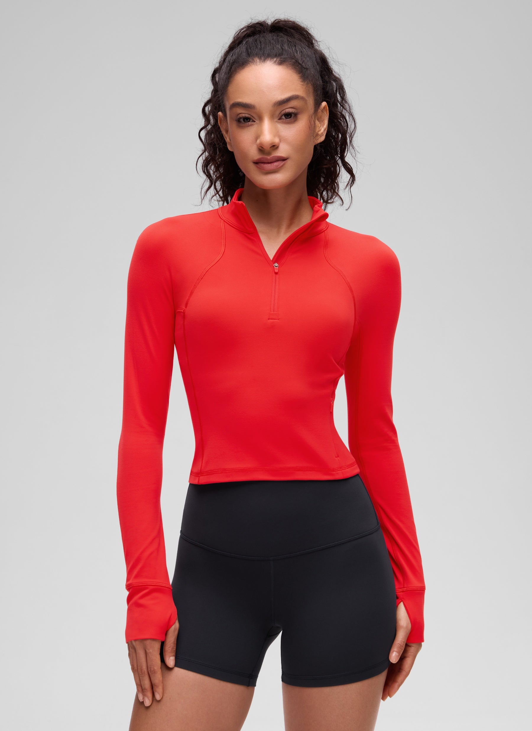 CRZ YOGA Damen Butterluxe Reißverschluss Langarmshirt mit Daumenloch Tiefrot