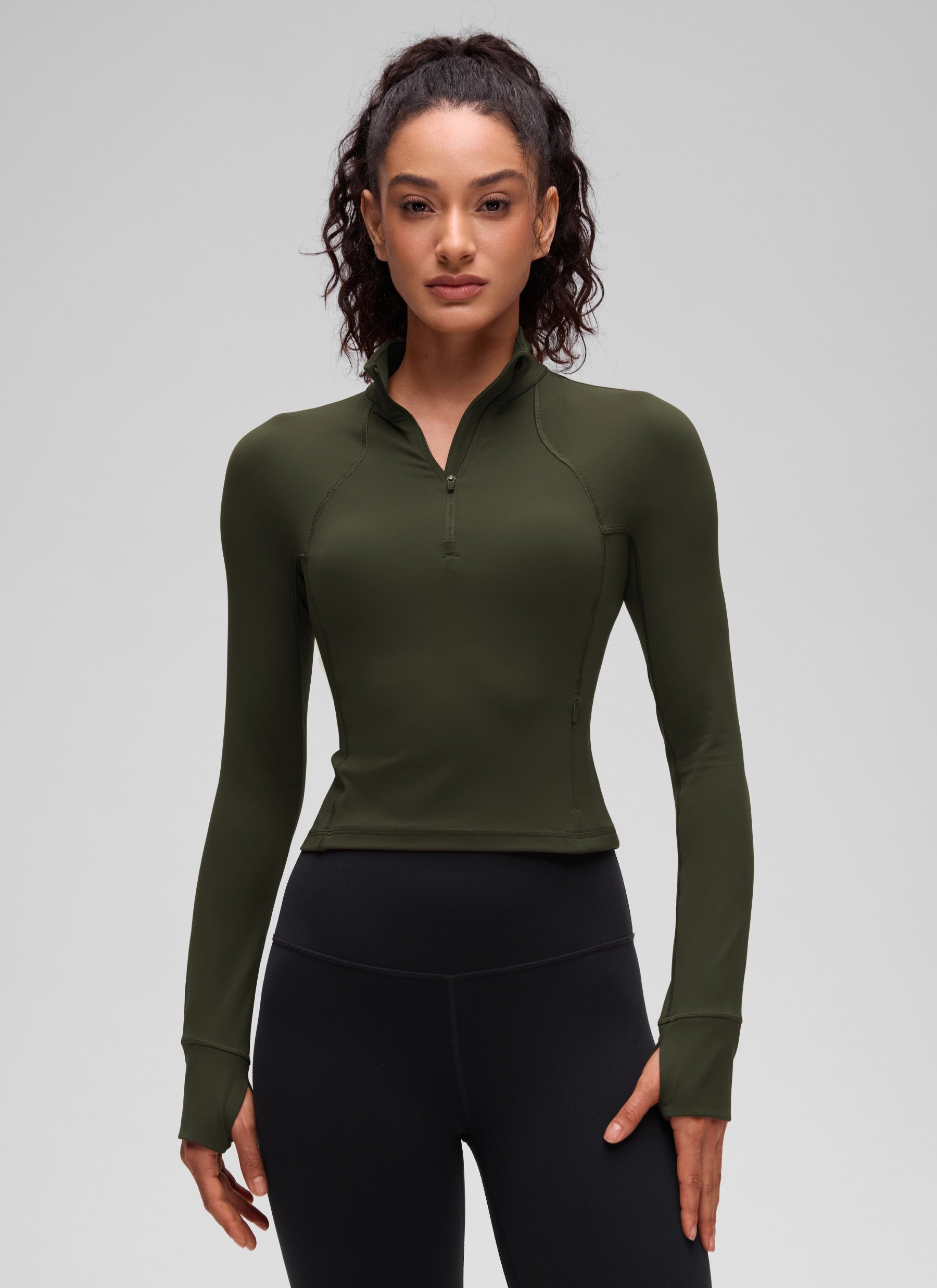 CRZ YOGA Damen Butterluxe Reißverschluss Langarmshirt mit Daumenloch Olivgrün