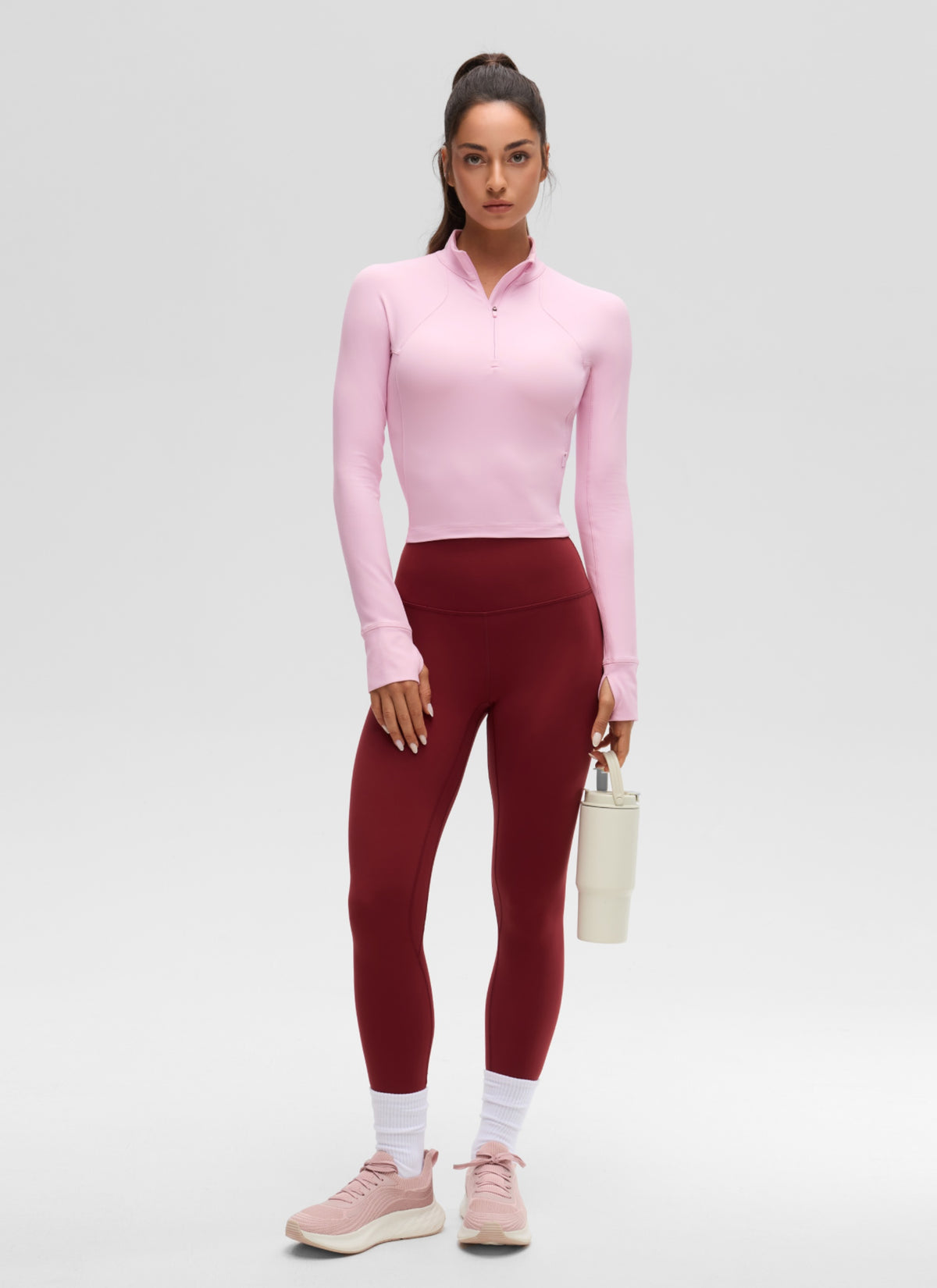CRZ YOGA Damen Butterluxe Reißverschluss Langarmshirt mit Daumenloch Rosa Pfingstrose