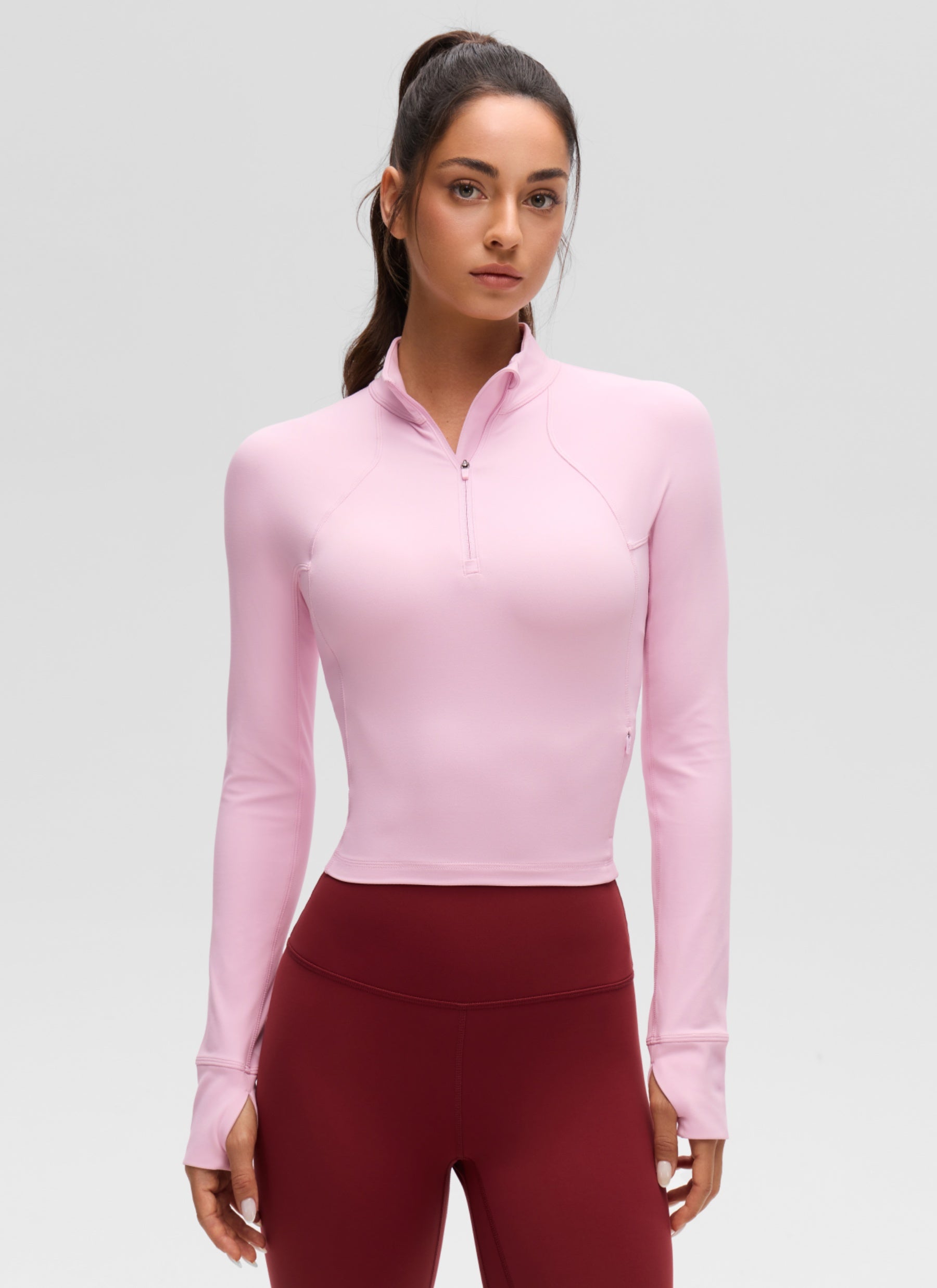 CRZ YOGA Damen Butterluxe Reißverschluss Langarmshirt mit Daumenloch Rosa Pfingstrose