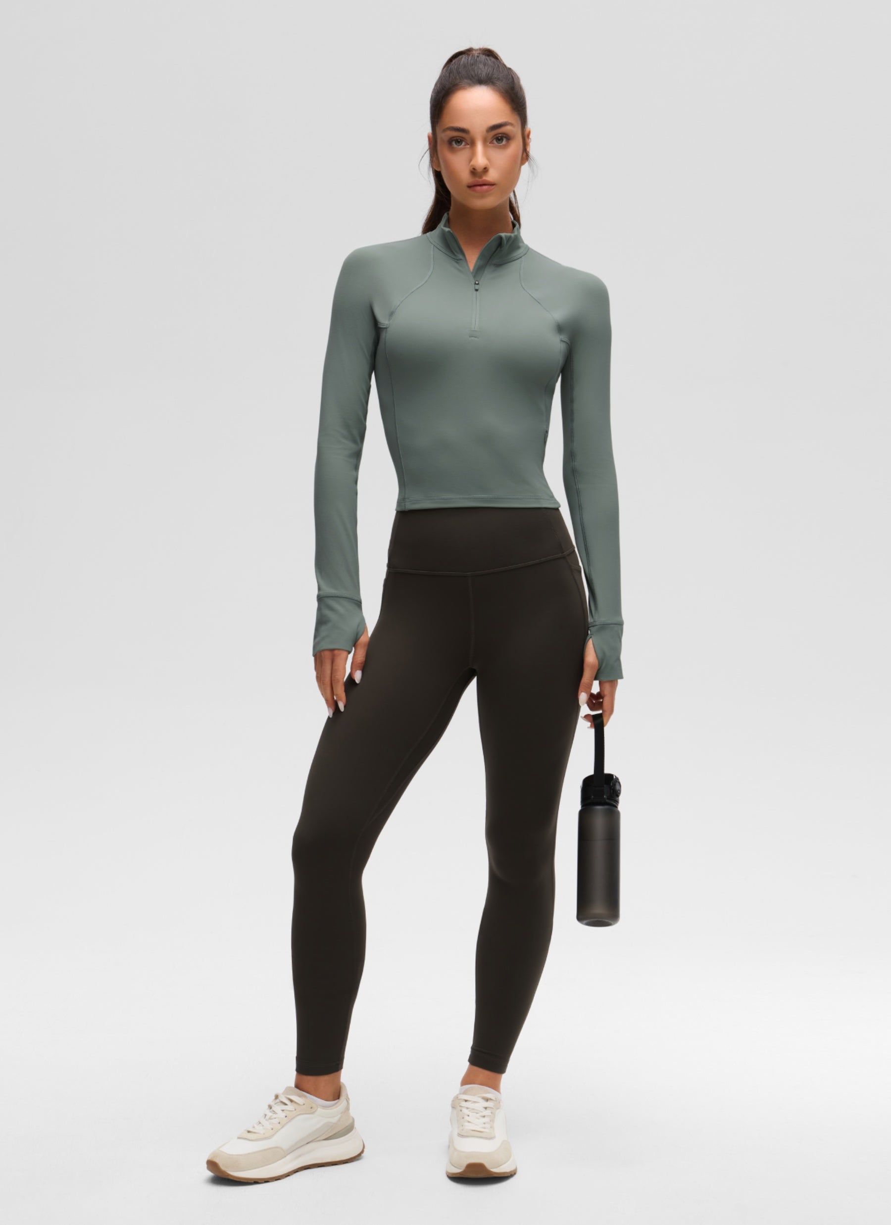 CRZ YOGA Damen Butterluxe Reißverschluss Langarmshirt mit Daumenloch Grauer Salbei