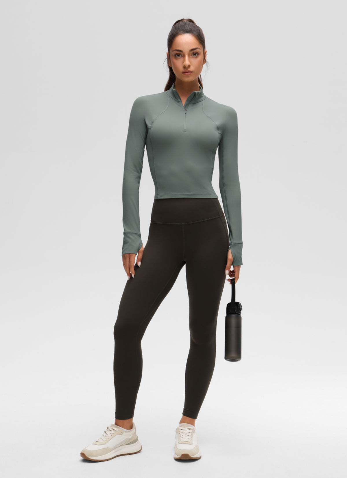 CRZ YOGA Damen Butterluxe Reißverschluss Langarmshirt mit Daumenloch Grauer Salbei
