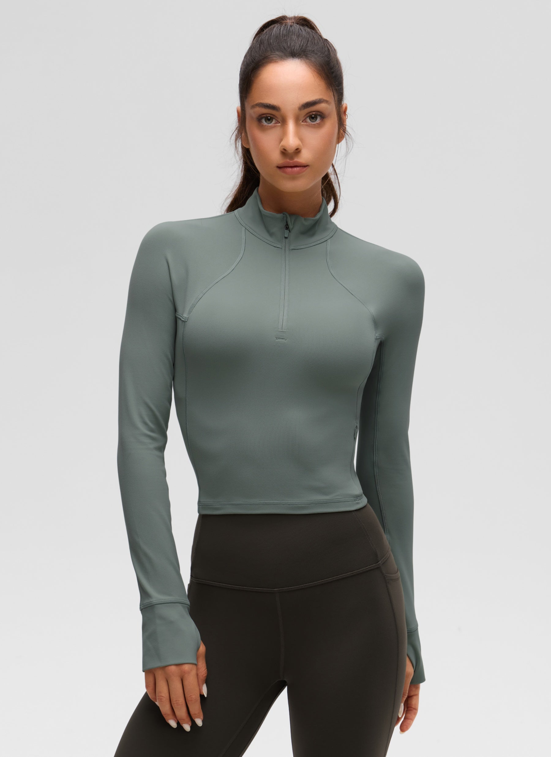 CRZ YOGA Damen Butterluxe Reißverschluss Langarmshirt mit Daumenloch Grauer Salbei