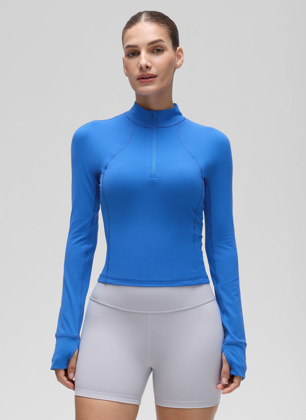 CRZ YOGA Damen Butterluxe Reißverschluss Langarmshirt mit Daumenloch Funkelndes Blau
