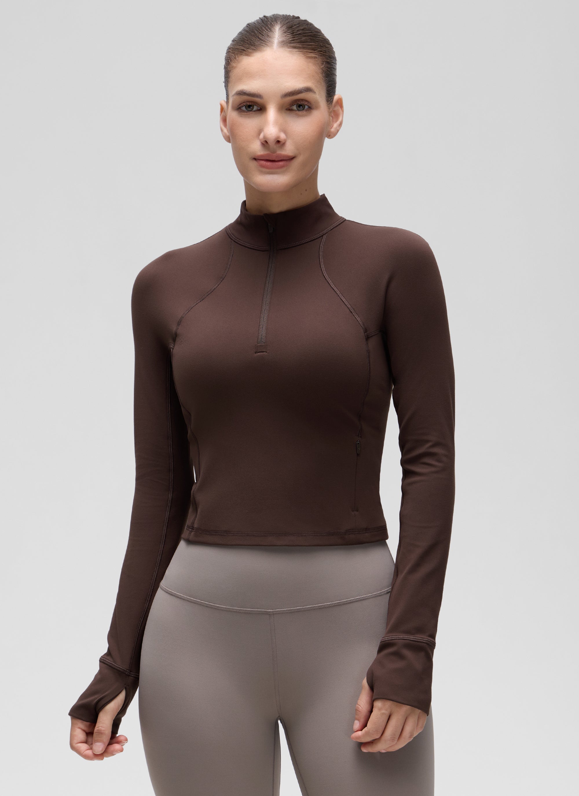 CRZ YOGA Damen Butterluxe Reißverschluss Langarmshirt mit Daumenloch Heißes Fudge-Brown