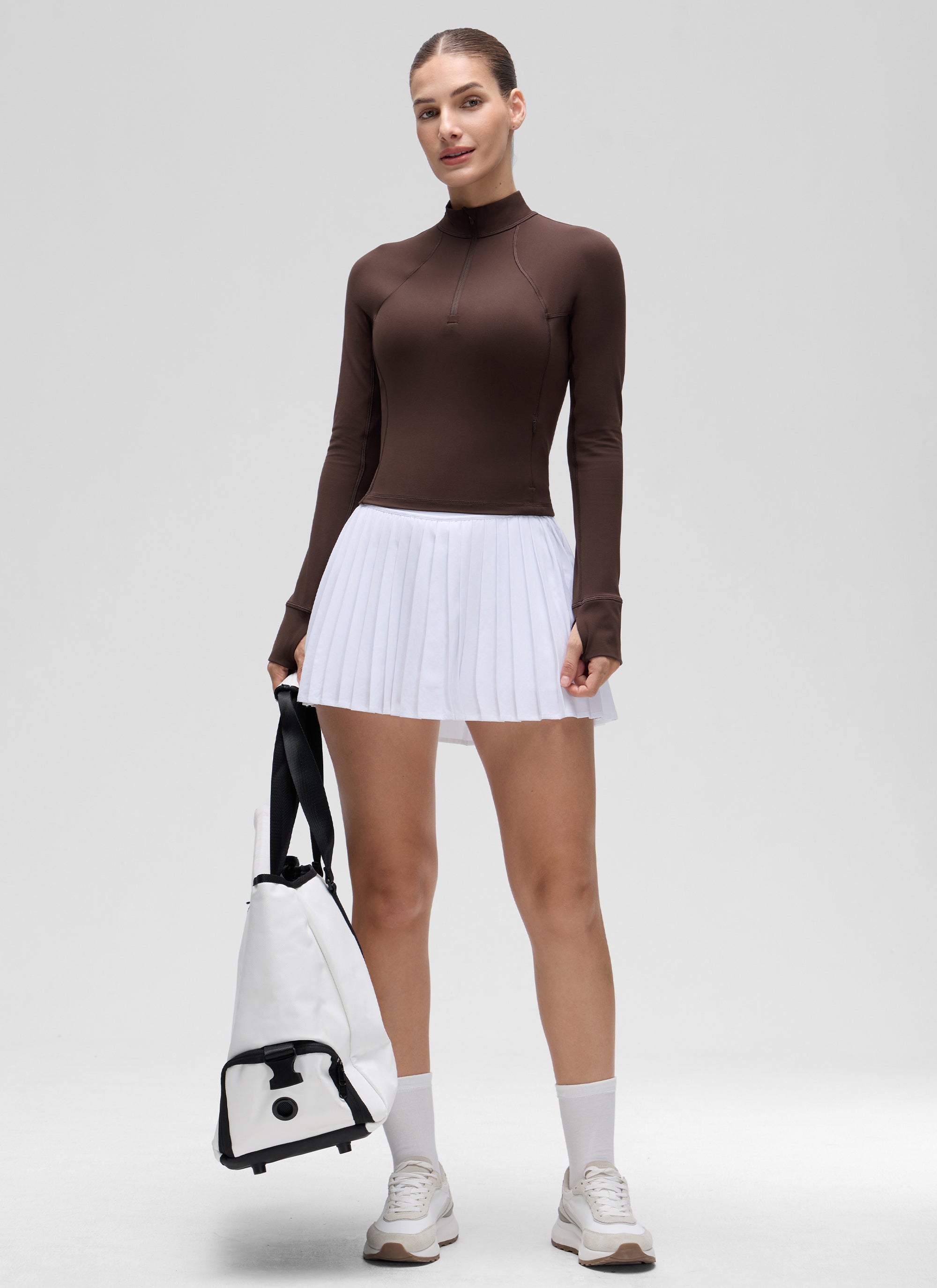 CRZ YOGA Damen Butterluxe Reißverschluss Langarmshirt mit Daumenloch Heißes Fudge-Brown