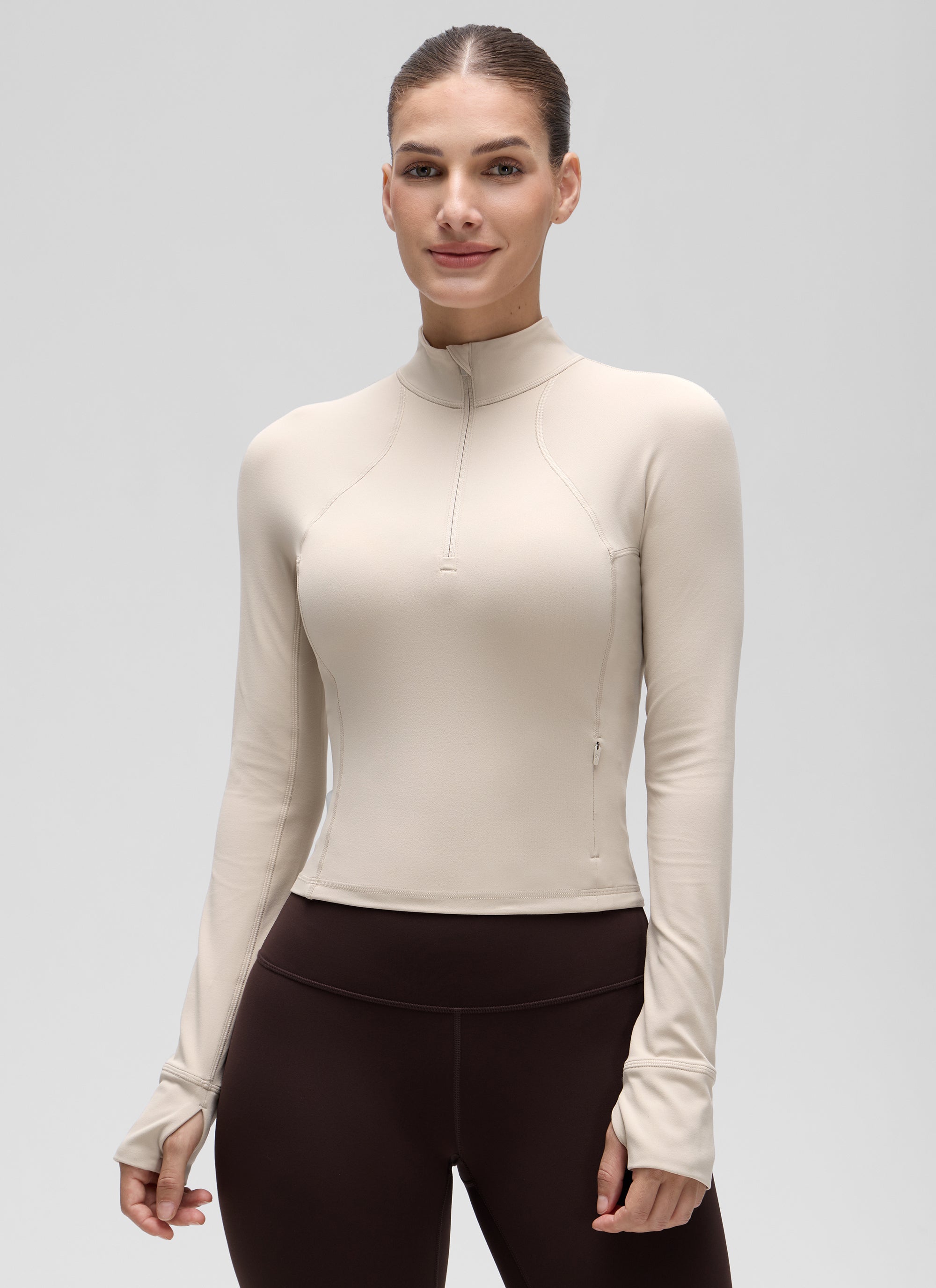 CRZ YOGA Damen Butterluxe Reißverschluss Langarmshirt mit Daumenloch Mojave-Braun