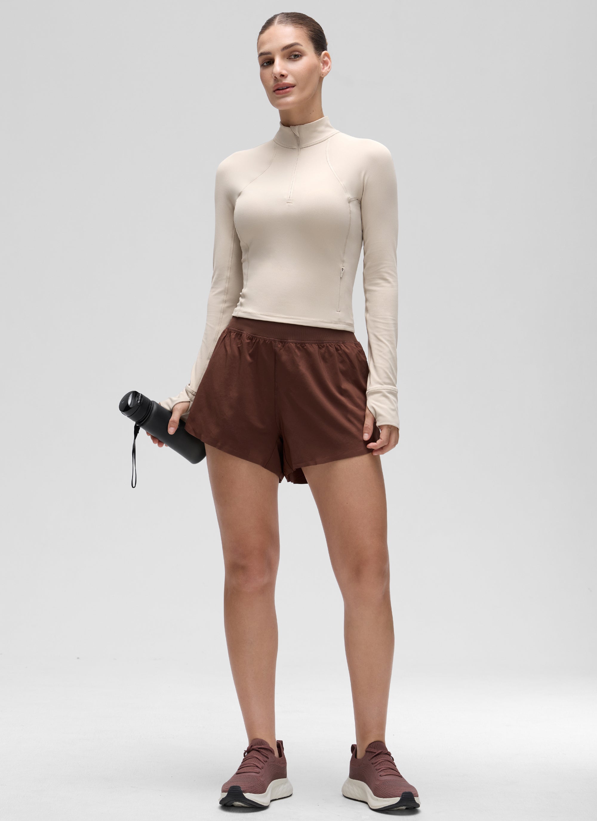 CRZ YOGA Damen Butterluxe Reißverschluss Langarmshirt mit Daumenloch Mojave-Braun