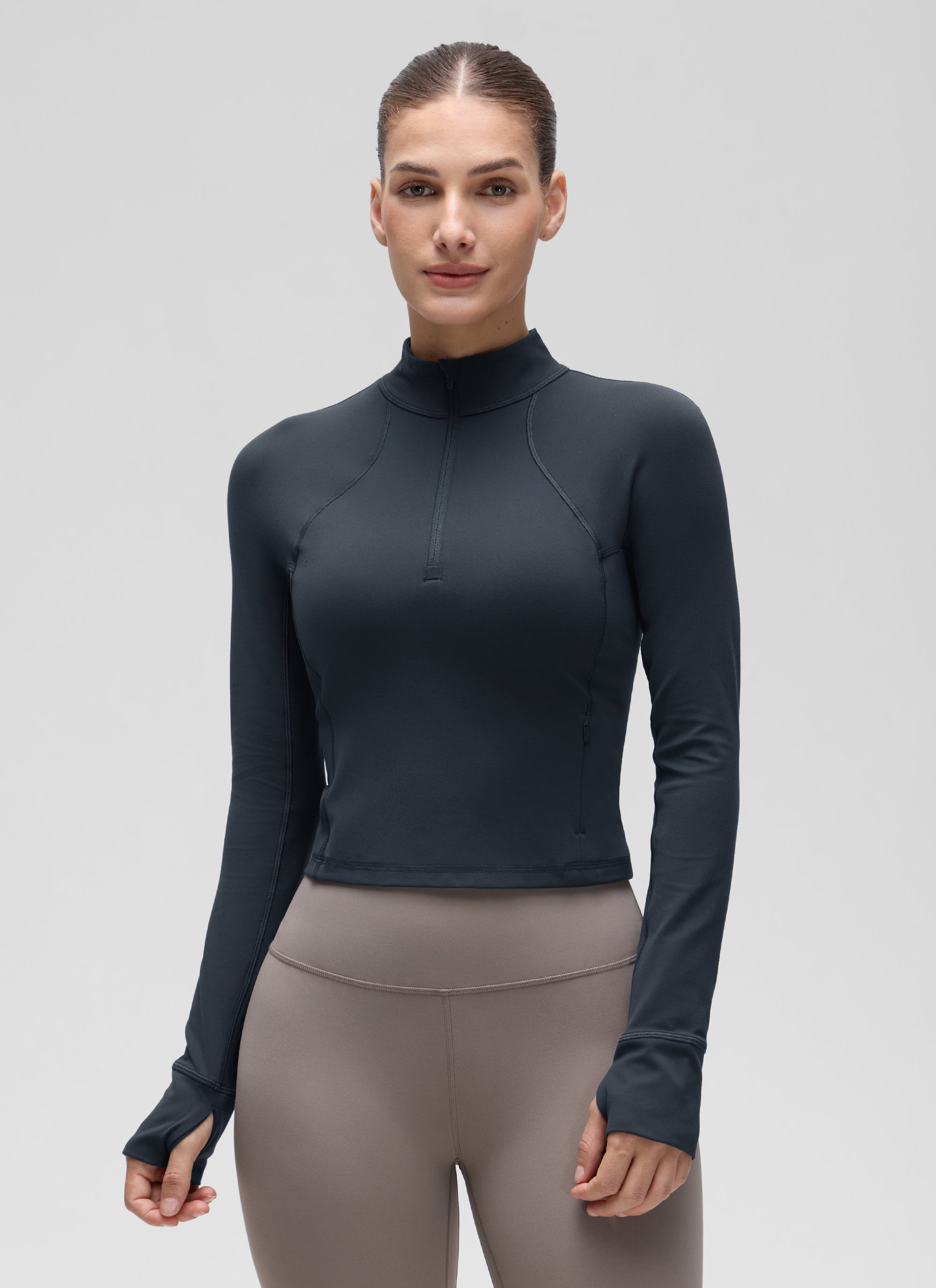 CRZ YOGA Damen Butterluxe Reißverschluss Langarmshirt mit Daumenloch Echte Marine