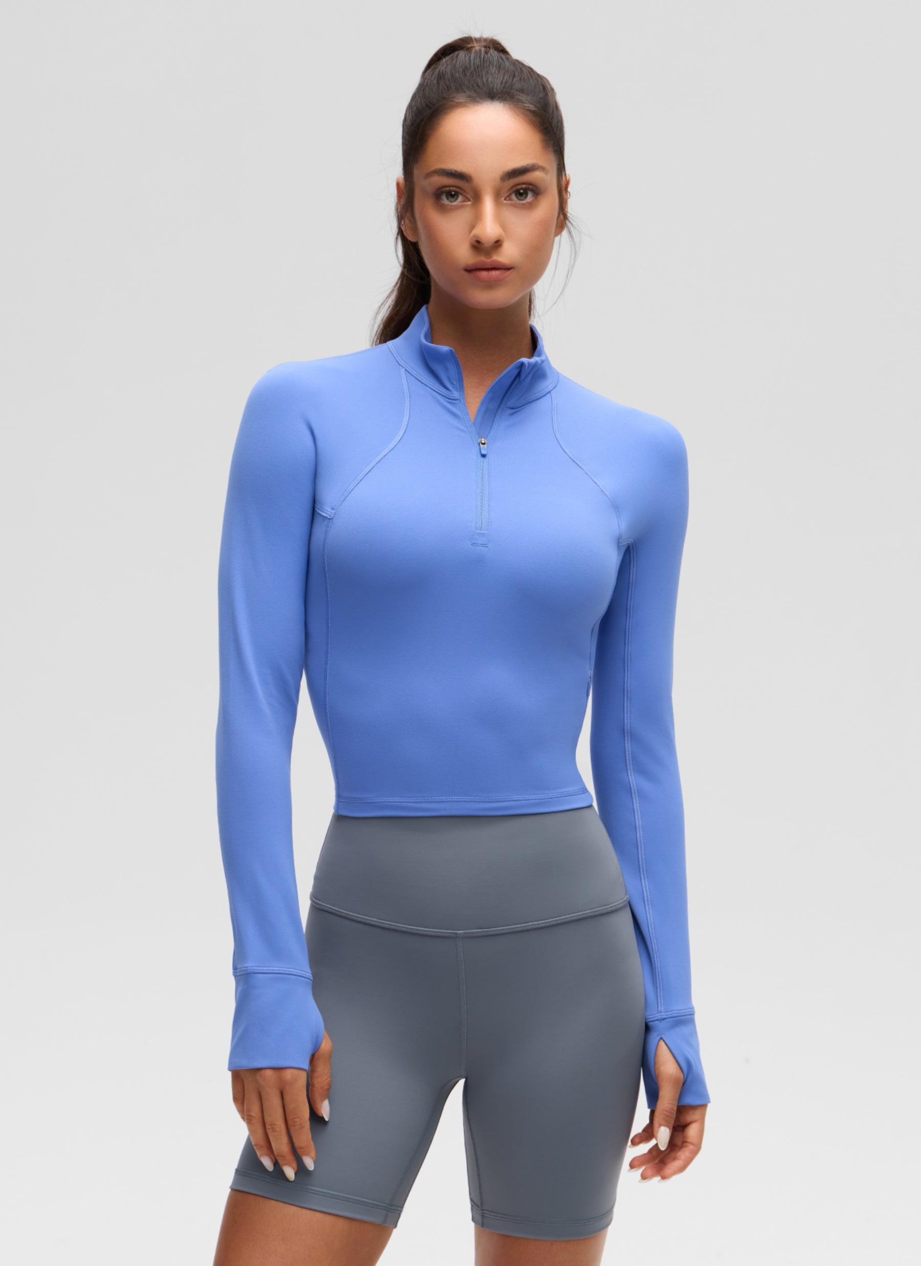 CRZ YOGA Damen Butterluxe Reißverschluss Langarmshirt mit Daumenloch Wildes Indigo