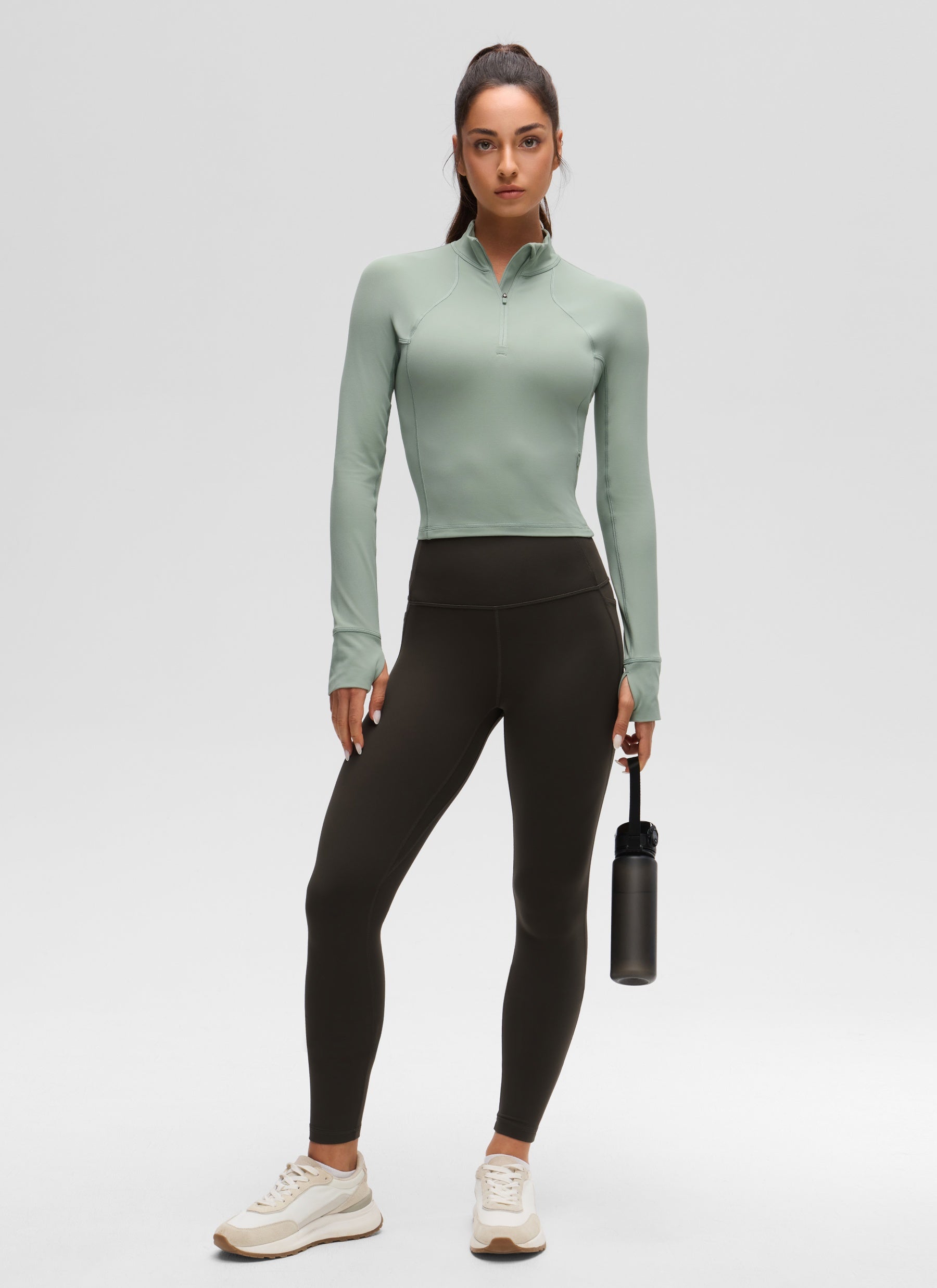 CRZ YOGA Damen Butterluxe Reißverschluss Langarmshirt mit Daumenloch Grüner Palmenhof