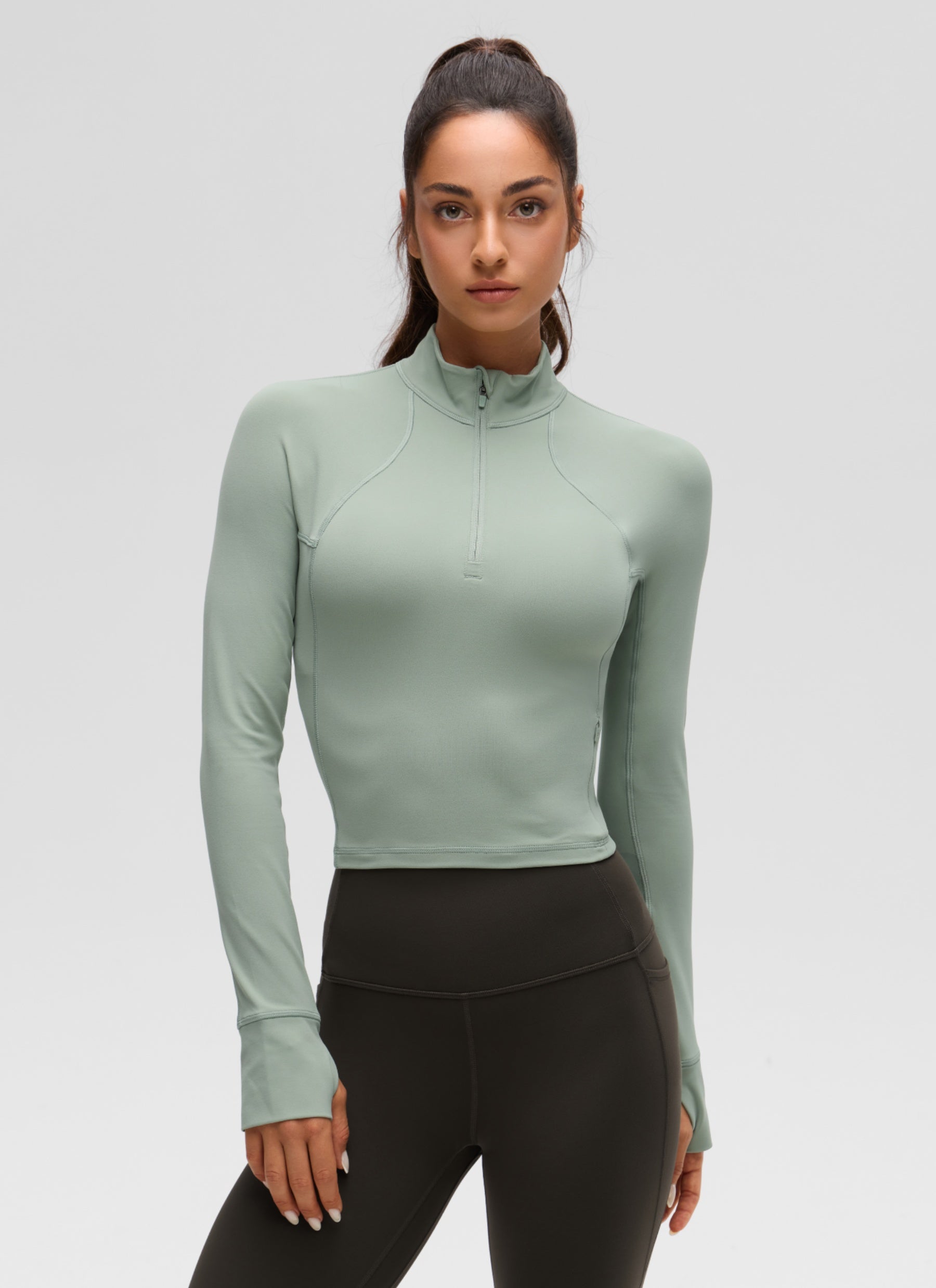 CRZ YOGA Damen Butterluxe Reißverschluss Langarmshirt mit Daumenloch Grüner Palmenhof