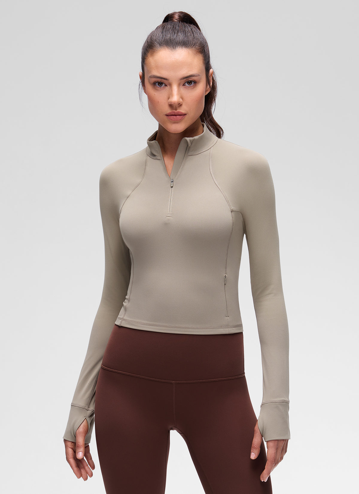 CRZ YOGA Damen Butterluxe Reißverschluss Langarmshirt mit Daumenloch Warmes Aschgrau