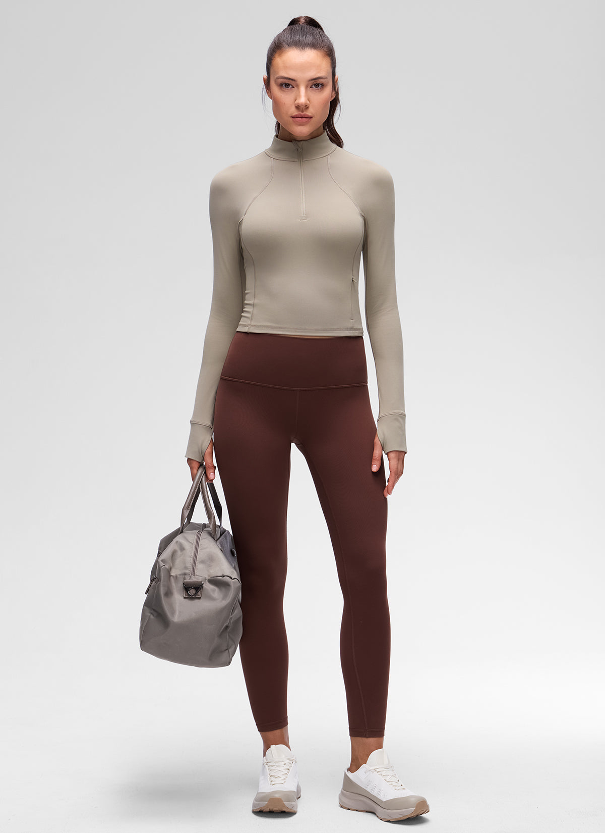CRZ YOGA Damen Butterluxe Reißverschluss Langarmshirt mit Daumenloch Warmes Aschgrau