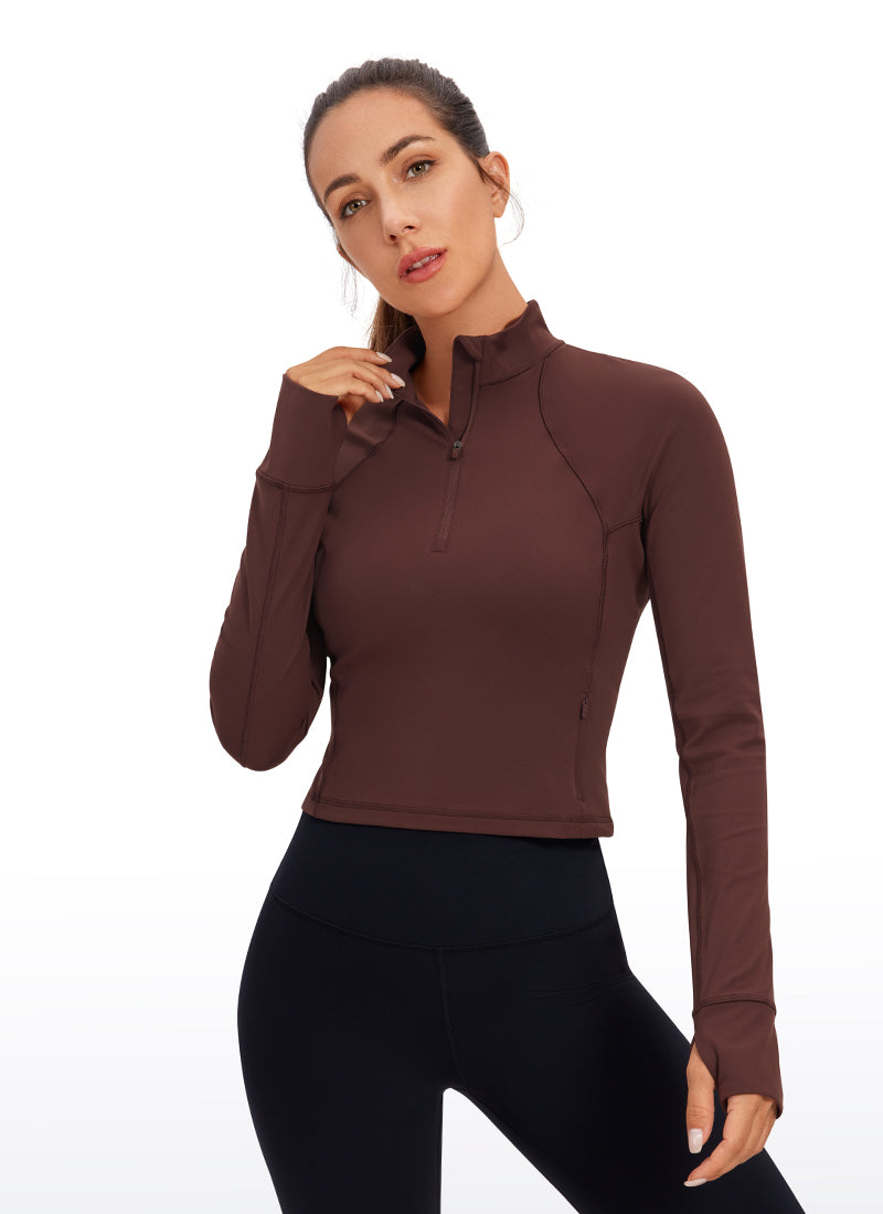 CRZ YOGA Damen Butterluxe Reißverschluss Langarmshirt mit Daumenloch Taupe