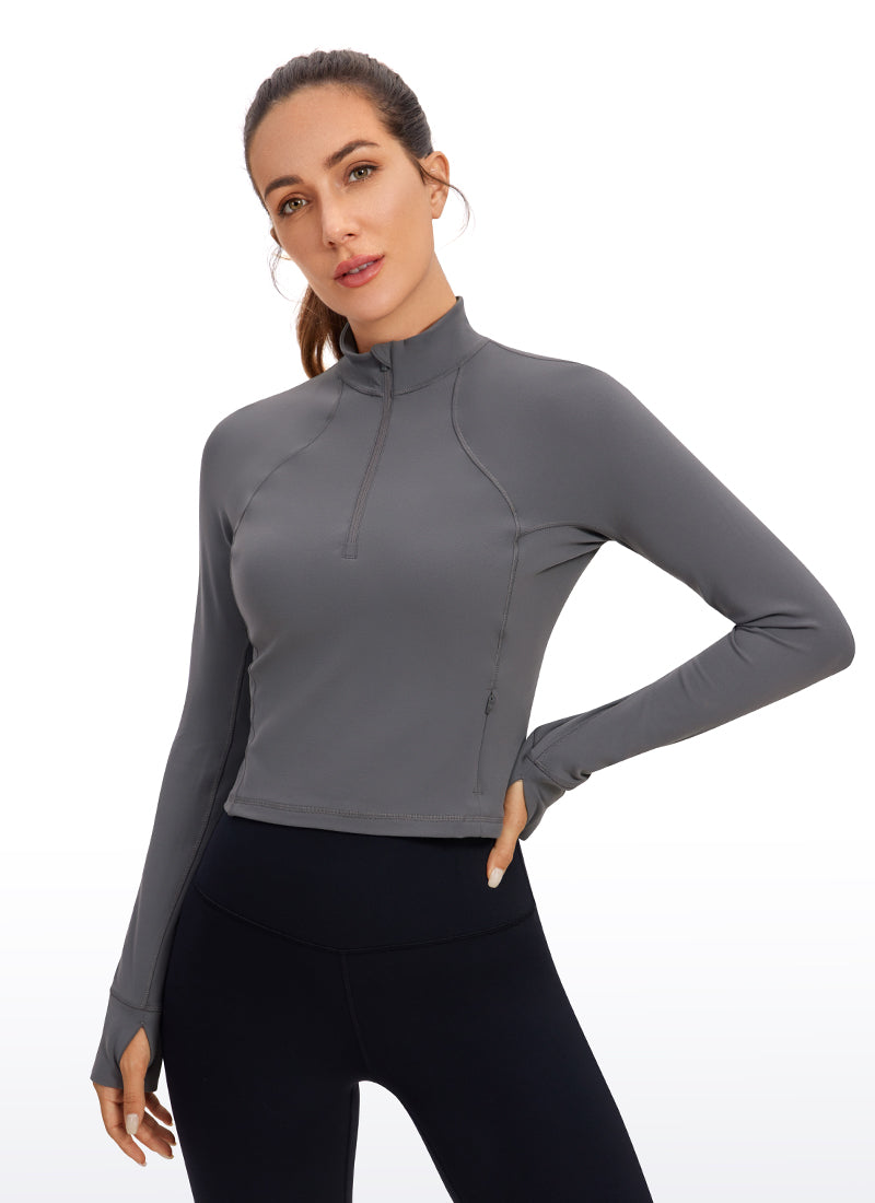 CRZ YOGA Damen Butterluxe Reißverschluss Langarmshirt mit Daumenloch Dunkler Kohlenstoff
