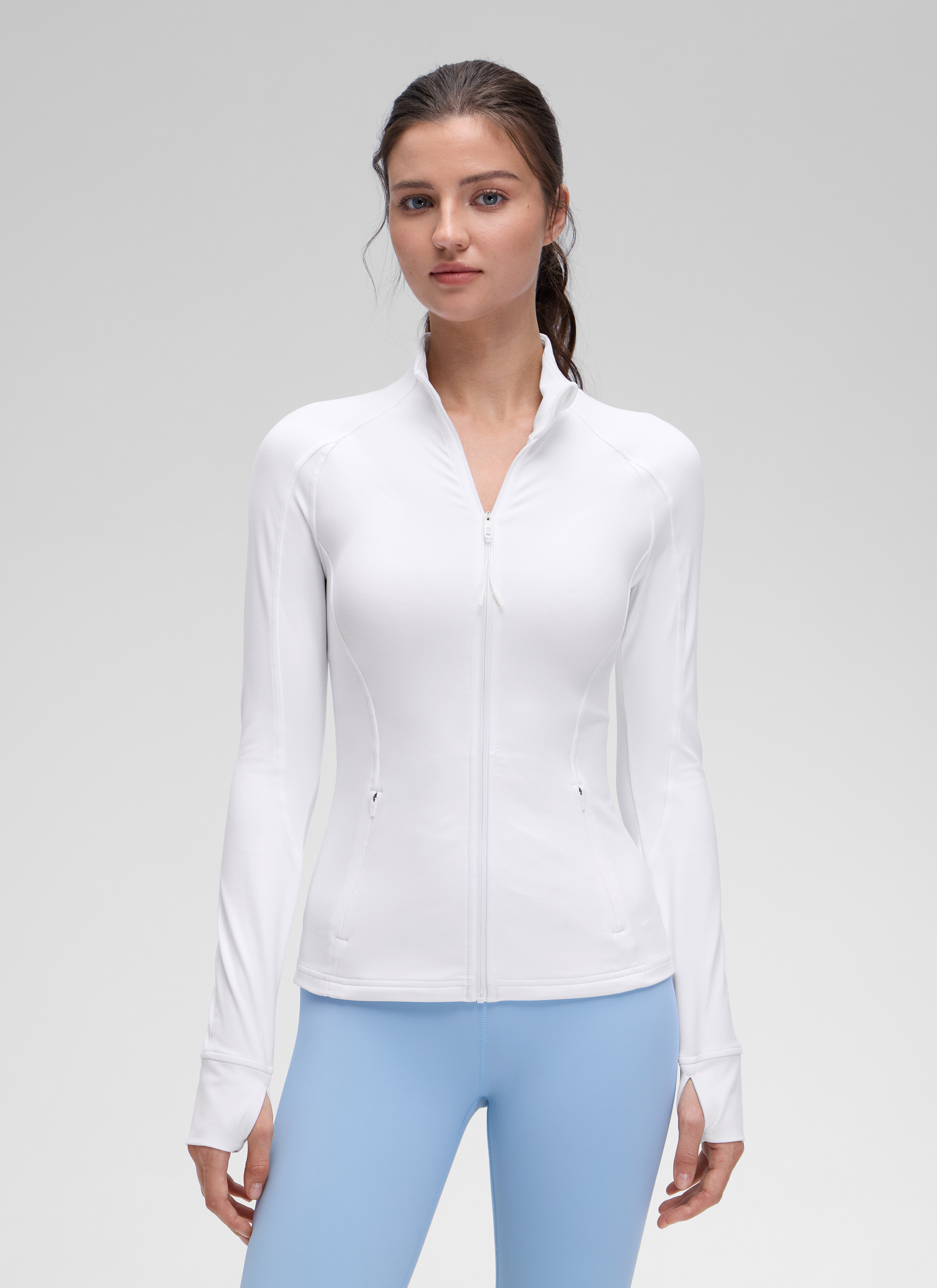 CRZ YOGA Damen Butterluxe Voller Reißverschluss Jacke mit Daumenloch Weiss