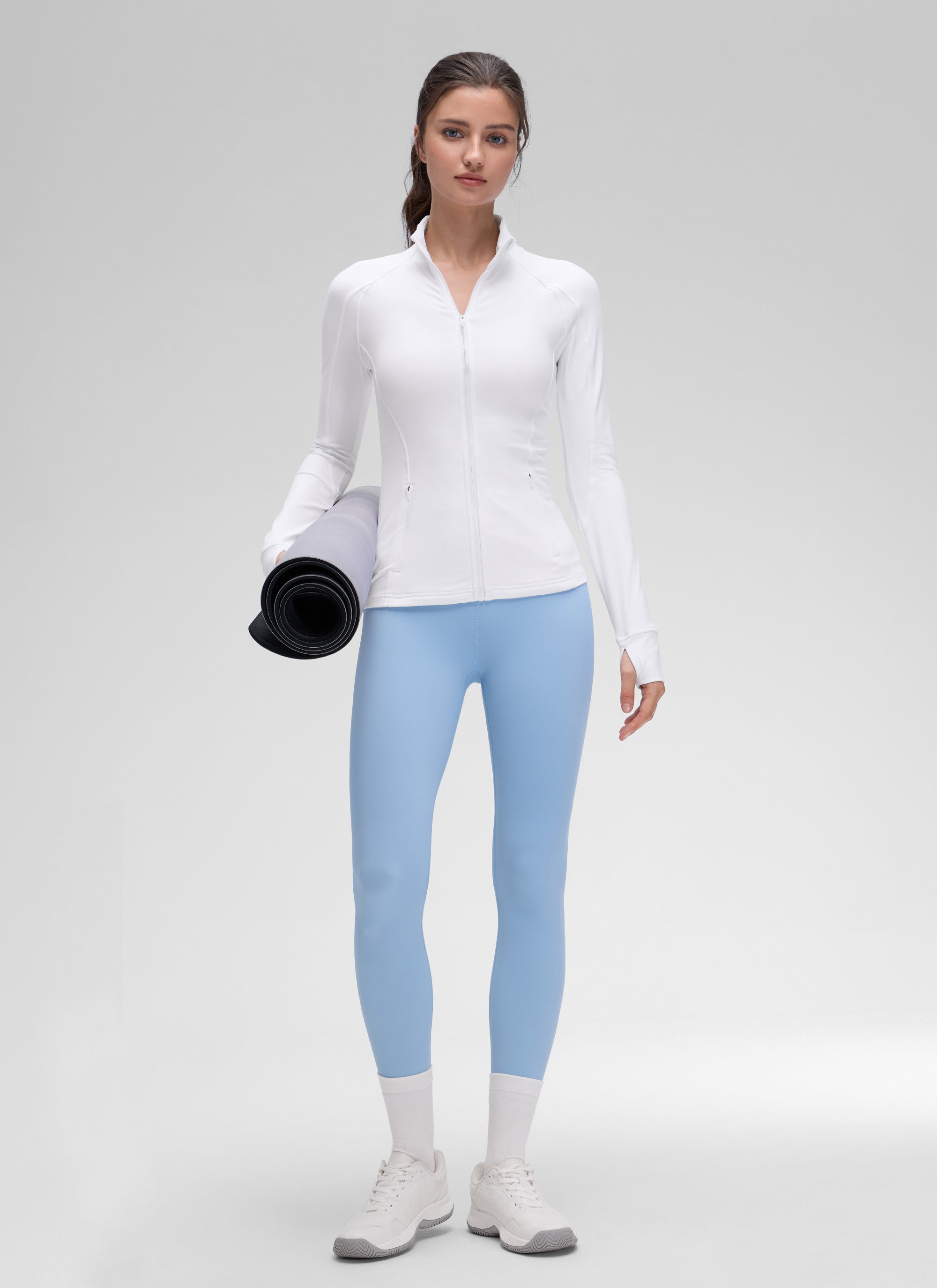 CRZ YOGA Damen Butterluxe Voller Reißverschluss Jacke mit Daumenloch Weiss
