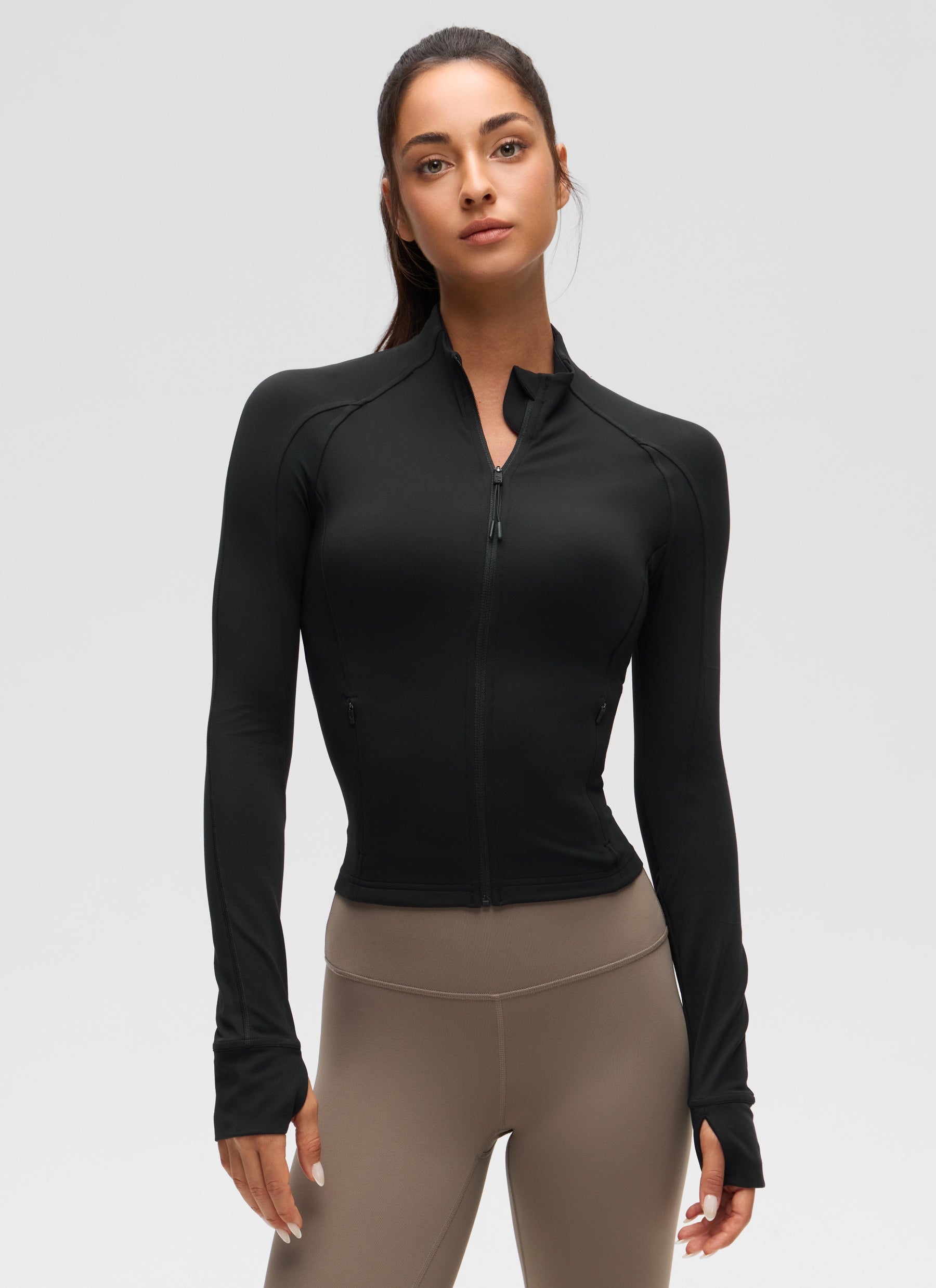 CRZ YOGA Damen Butterluxe Full Zipper Sport Jacke mit Daumenloch Schwarz