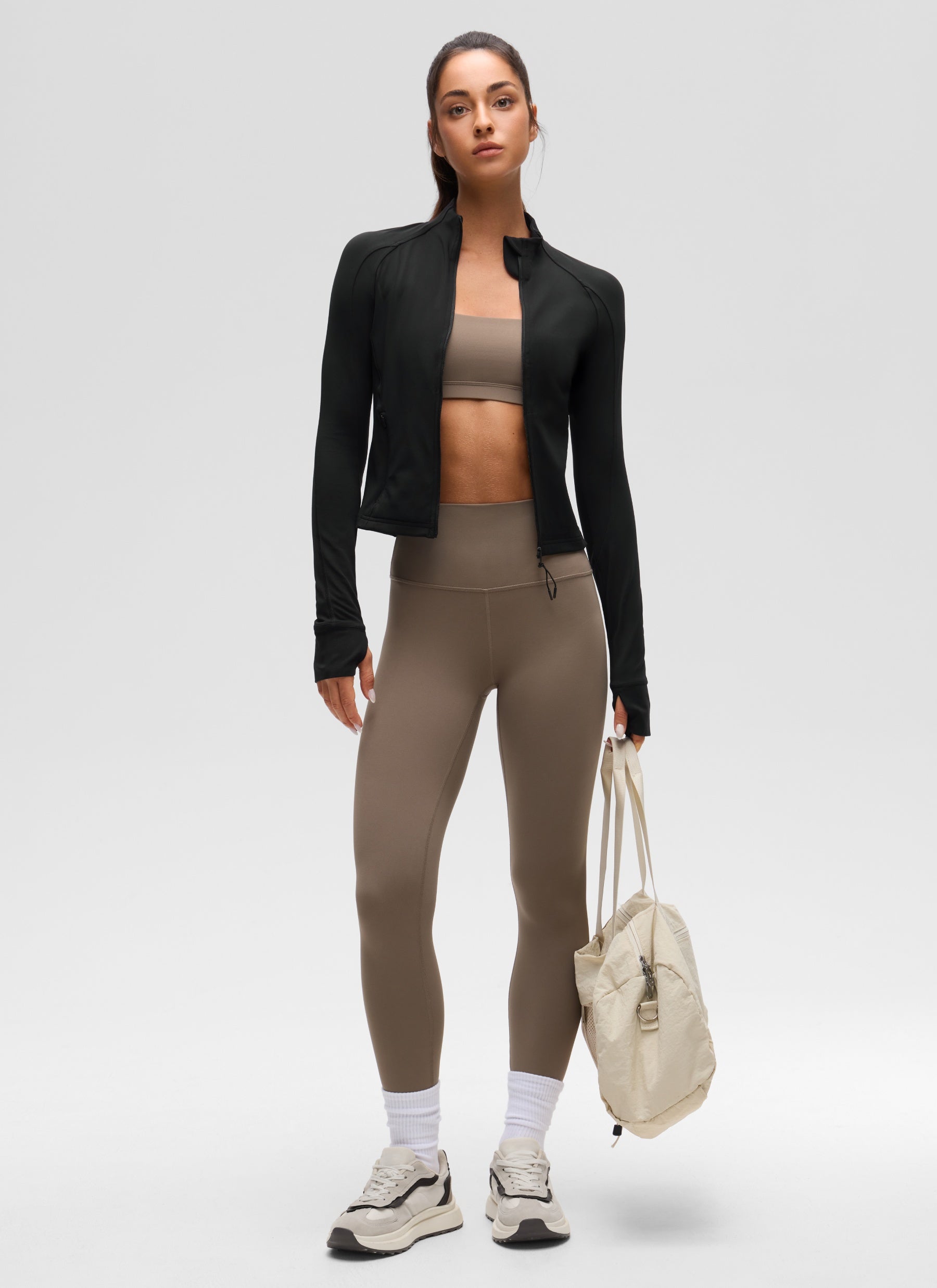 CRZ YOGA Damen Butterluxe Full Zipper Sport Jacke mit Daumenloch Schwarz