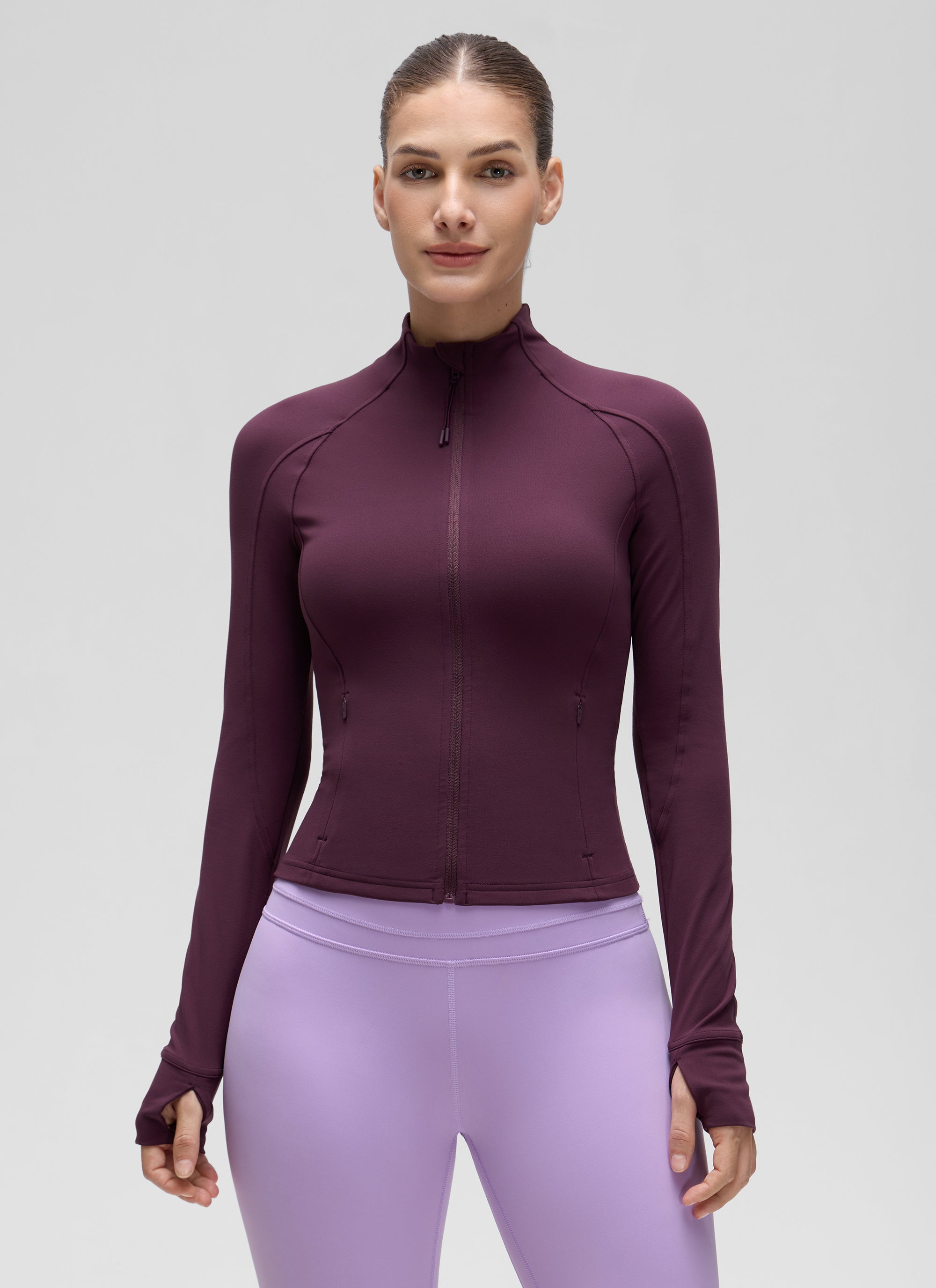 CRZ YOGA Damen Butterluxe Full Zipper Sport Jacke mit Daumenloch Dunkellila
