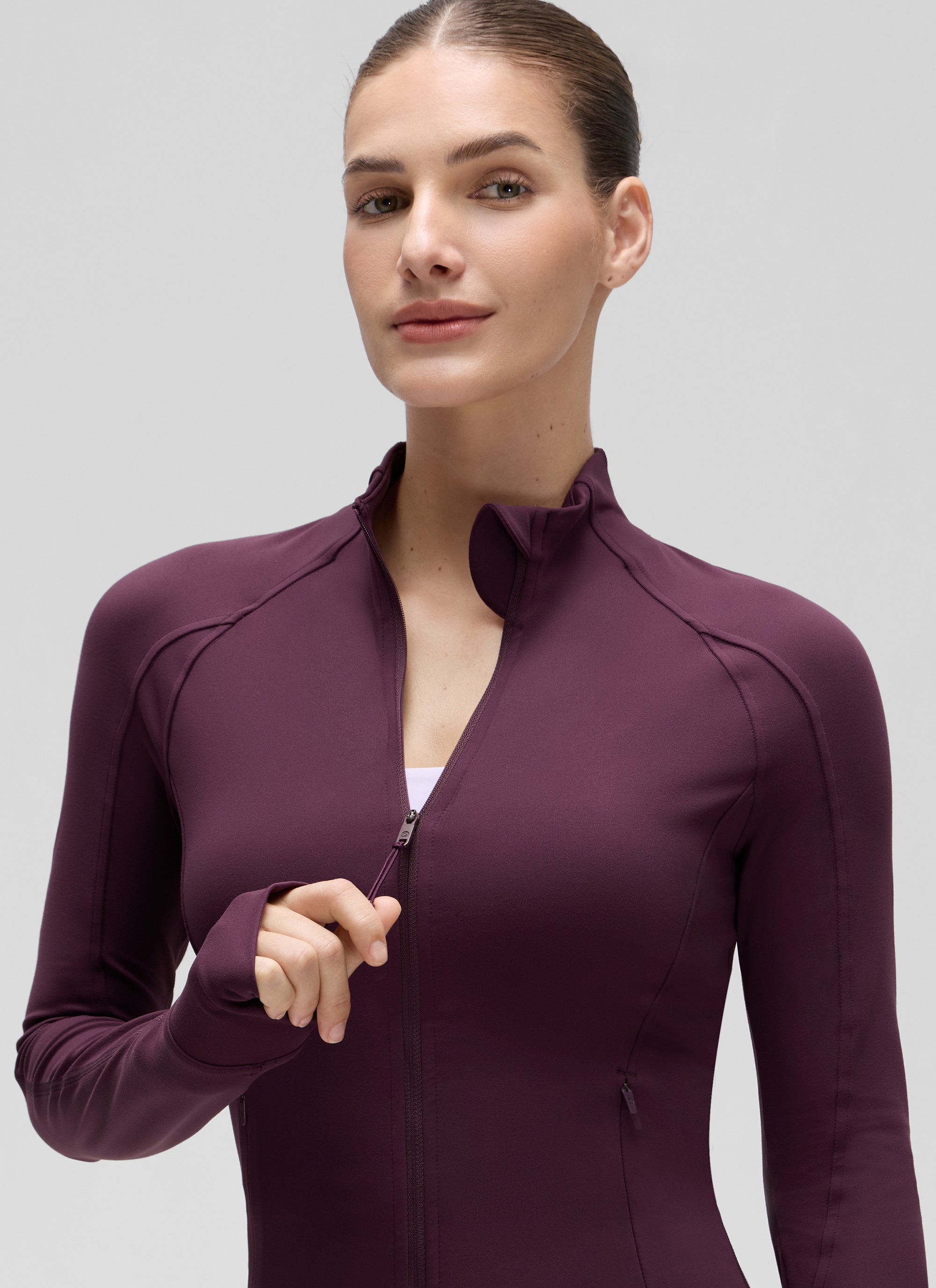 CRZ YOGA Damen Butterluxe Full Zipper Sport Jacke mit Daumenloch Dunkellila