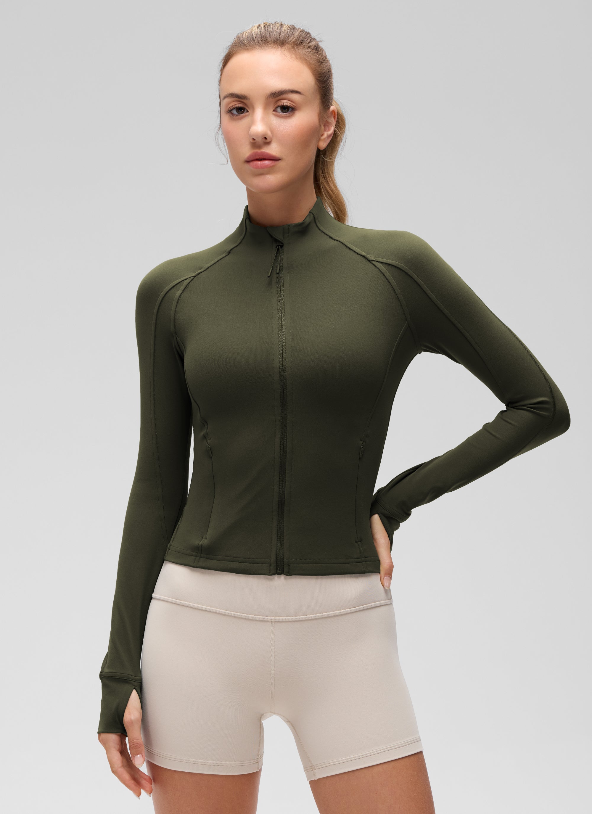 CRZ YOGA Damen Butterluxe Full Zipper Sport Jacke mit Daumenloch Olivgrün