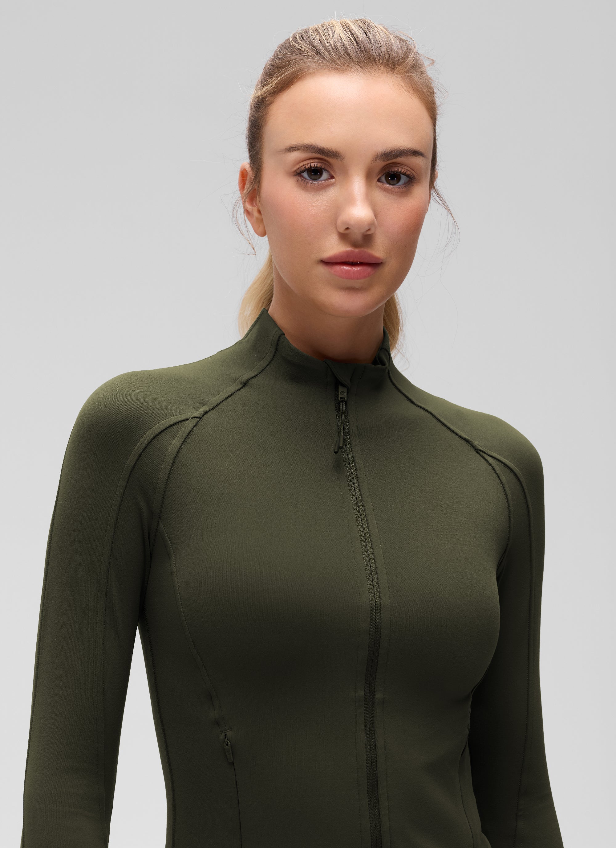CRZ YOGA Damen Butterluxe Full Zipper Sport Jacke mit Daumenloch Olivgrün