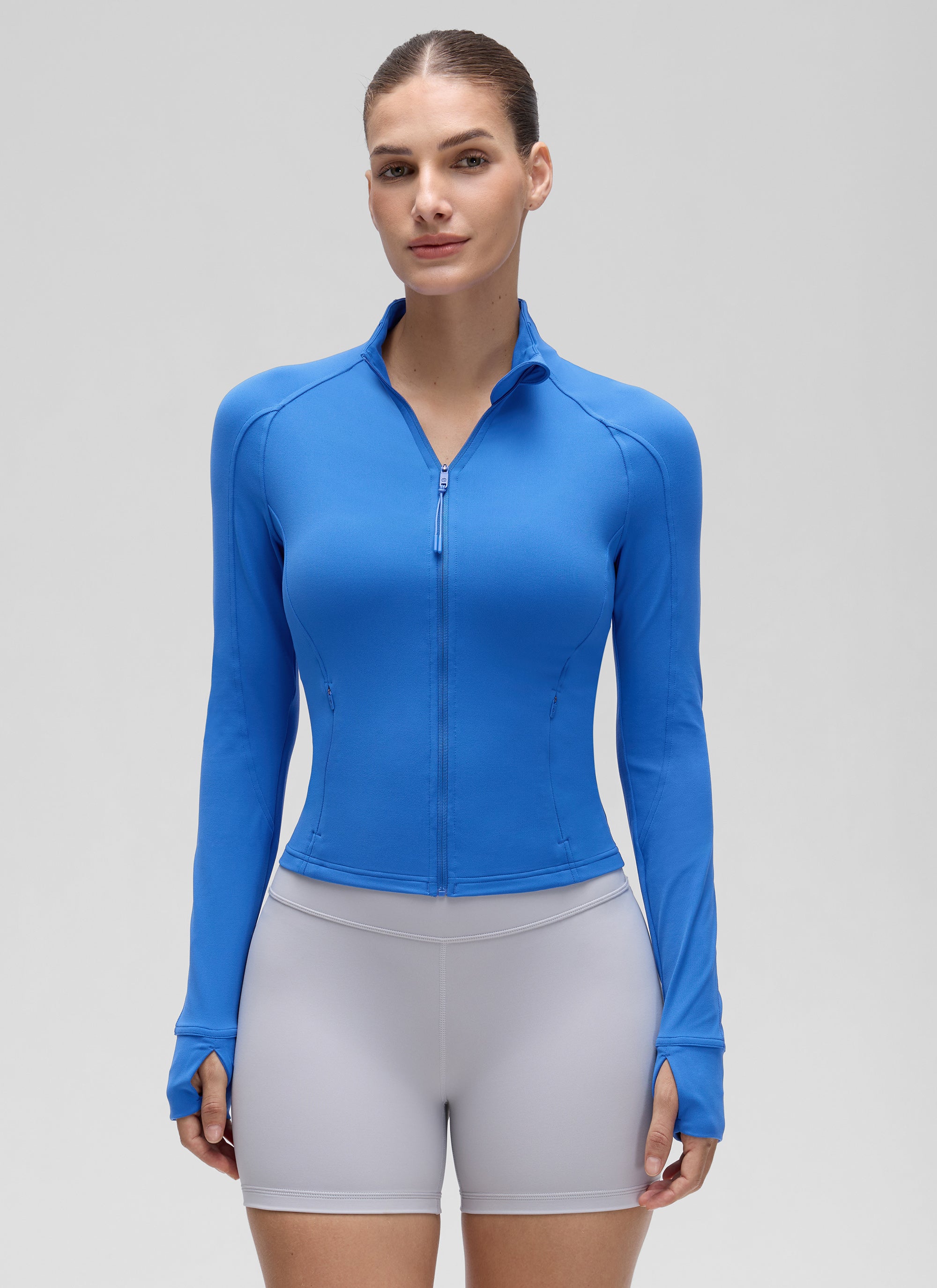 CRZ YOGA Damen Butterluxe Full Zipper Sport Jacke mit Daumenloch Funkelndes Blau