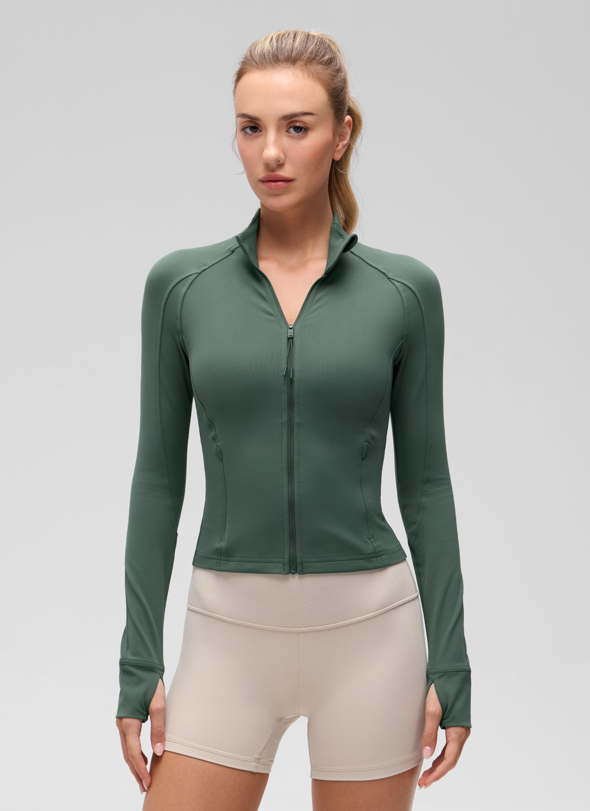 CRZ YOGA Damen Butterluxe Full Zipper Sport Jacke mit Daumenloch Dunkles Waldgrün