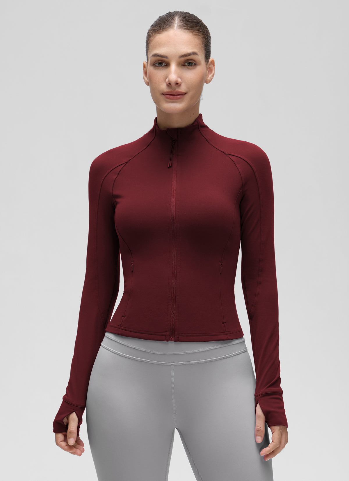CRZ YOGA Damen Butterluxe Full Zipper Sport Jacke mit Daumenloch Roter Merlot @model_info:J
