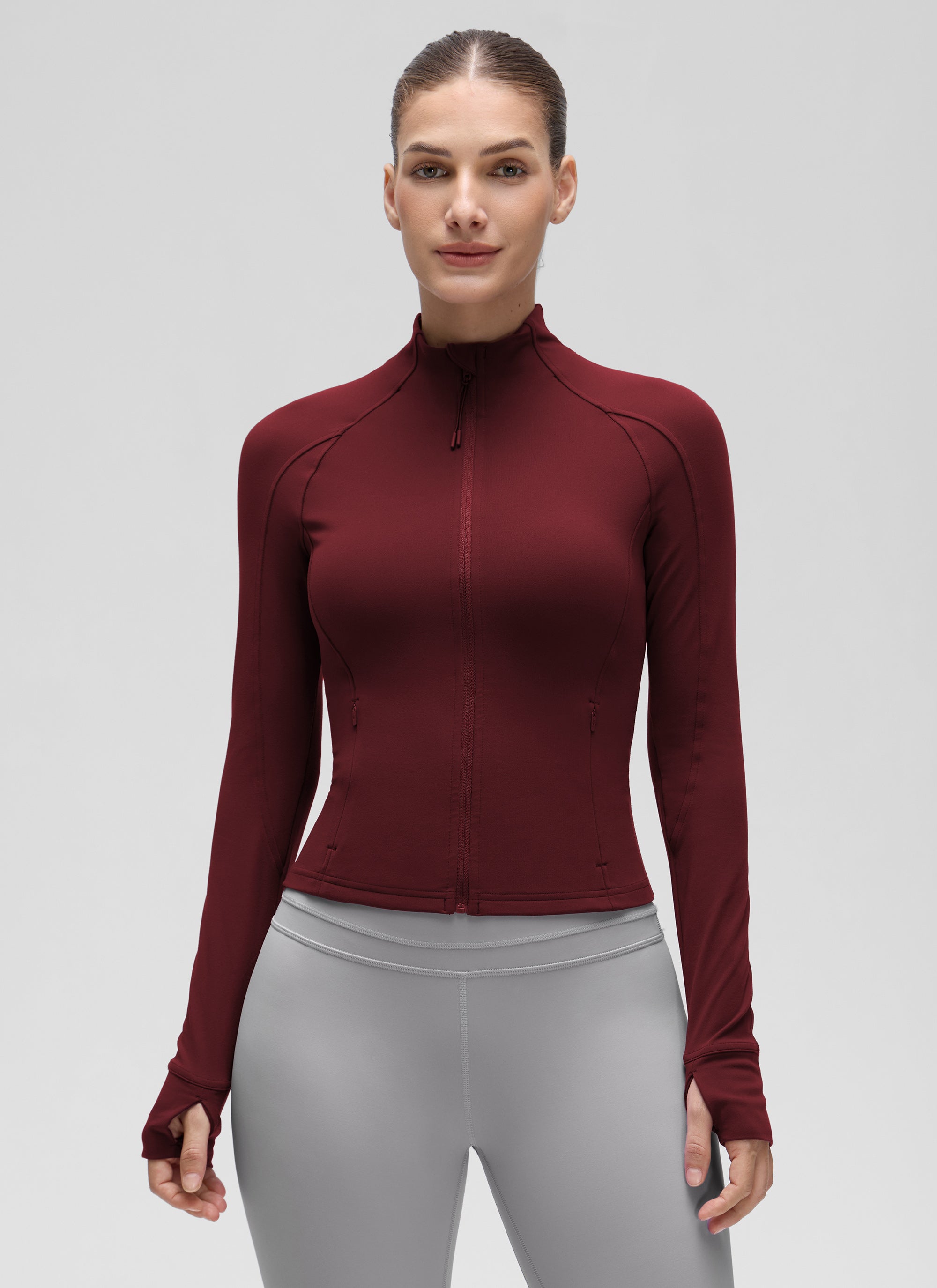 CRZ YOGA Damen Butterluxe Full Zipper Sport Jacke mit Daumenloch Roter Merlot