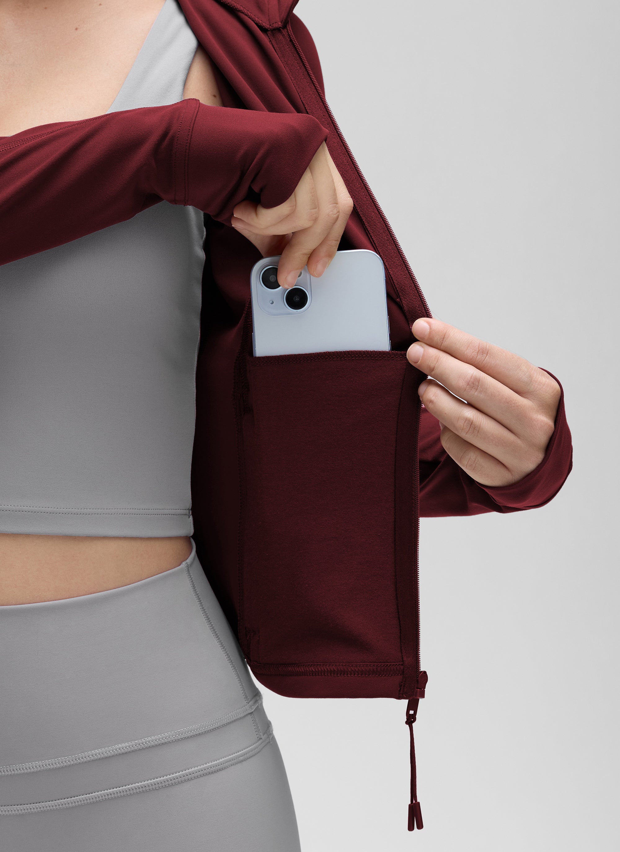 CRZ YOGA Damen Butterluxe Full Zipper Sport Jacke mit Daumenloch Roter Merlot