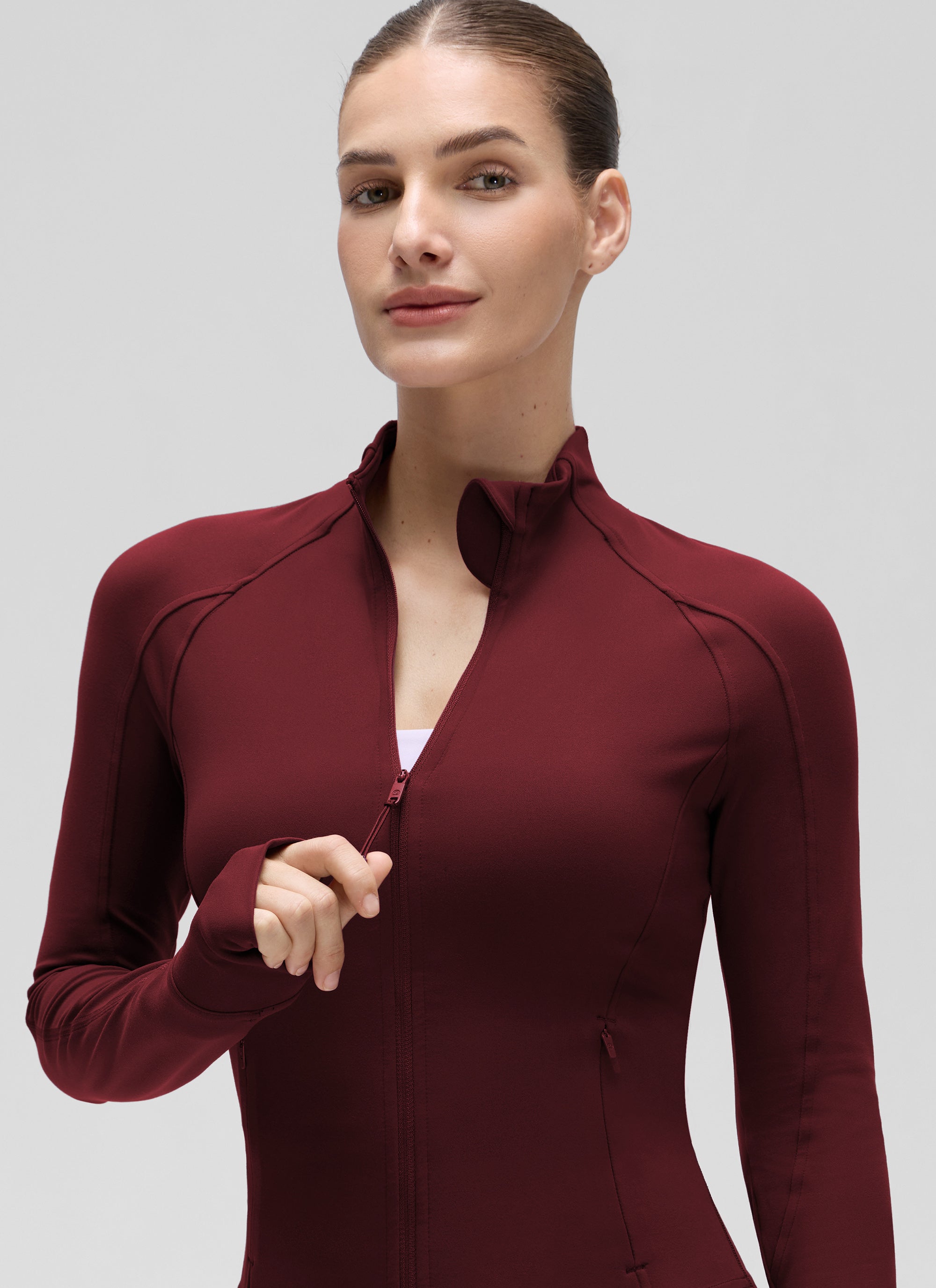 CRZ YOGA Damen Butterluxe Full Zipper Sport Jacke mit Daumenloch Roter Merlot