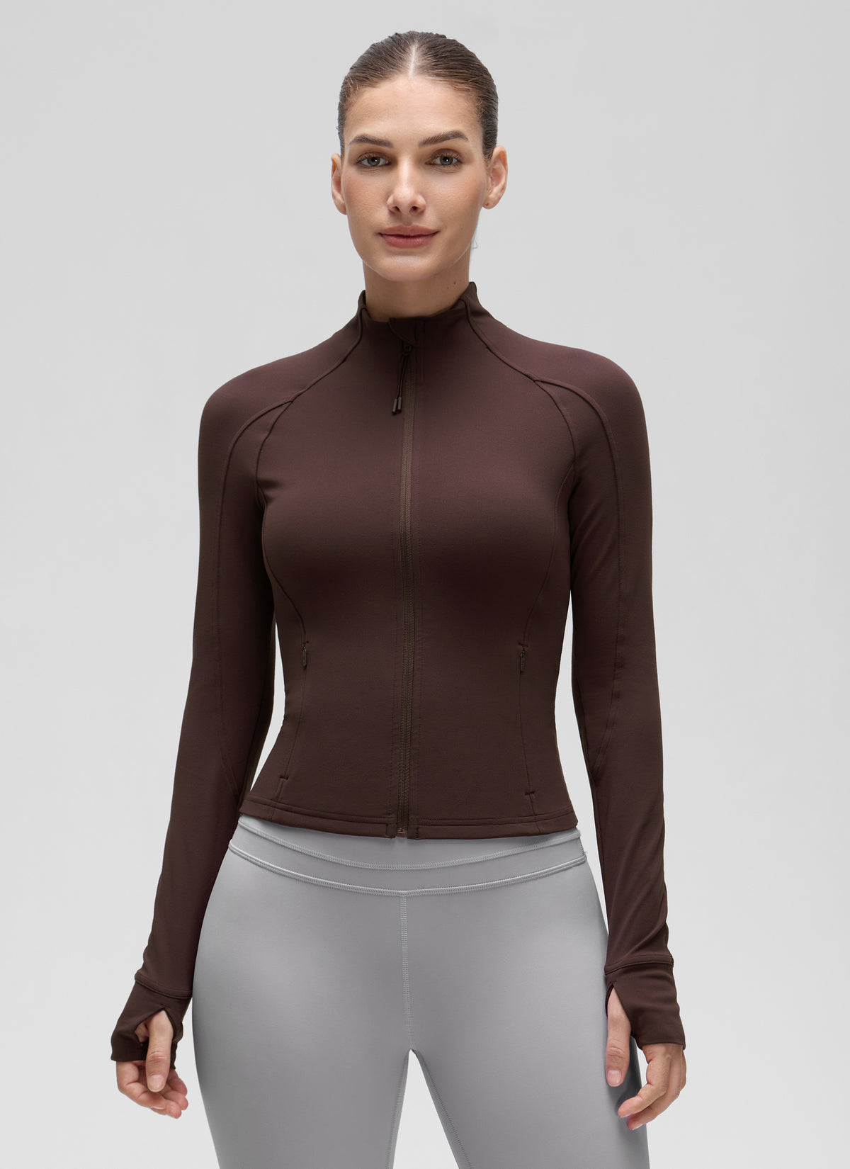 CRZ YOGA Damen Butterluxe Full Zipper Sport Jacke mit Daumenloch Heißes Fudge-Brown @model_info:J