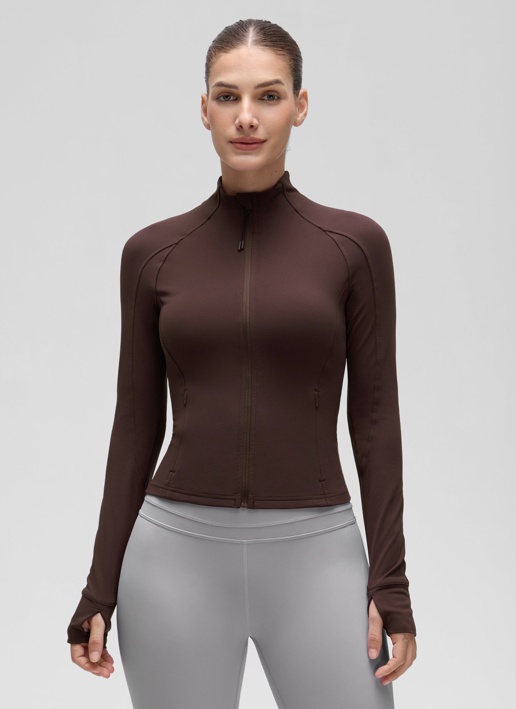 CRZ YOGA Damen Butterluxe Full Zipper Sport Jacke mit Daumenloch Heißes Fudge-Brown