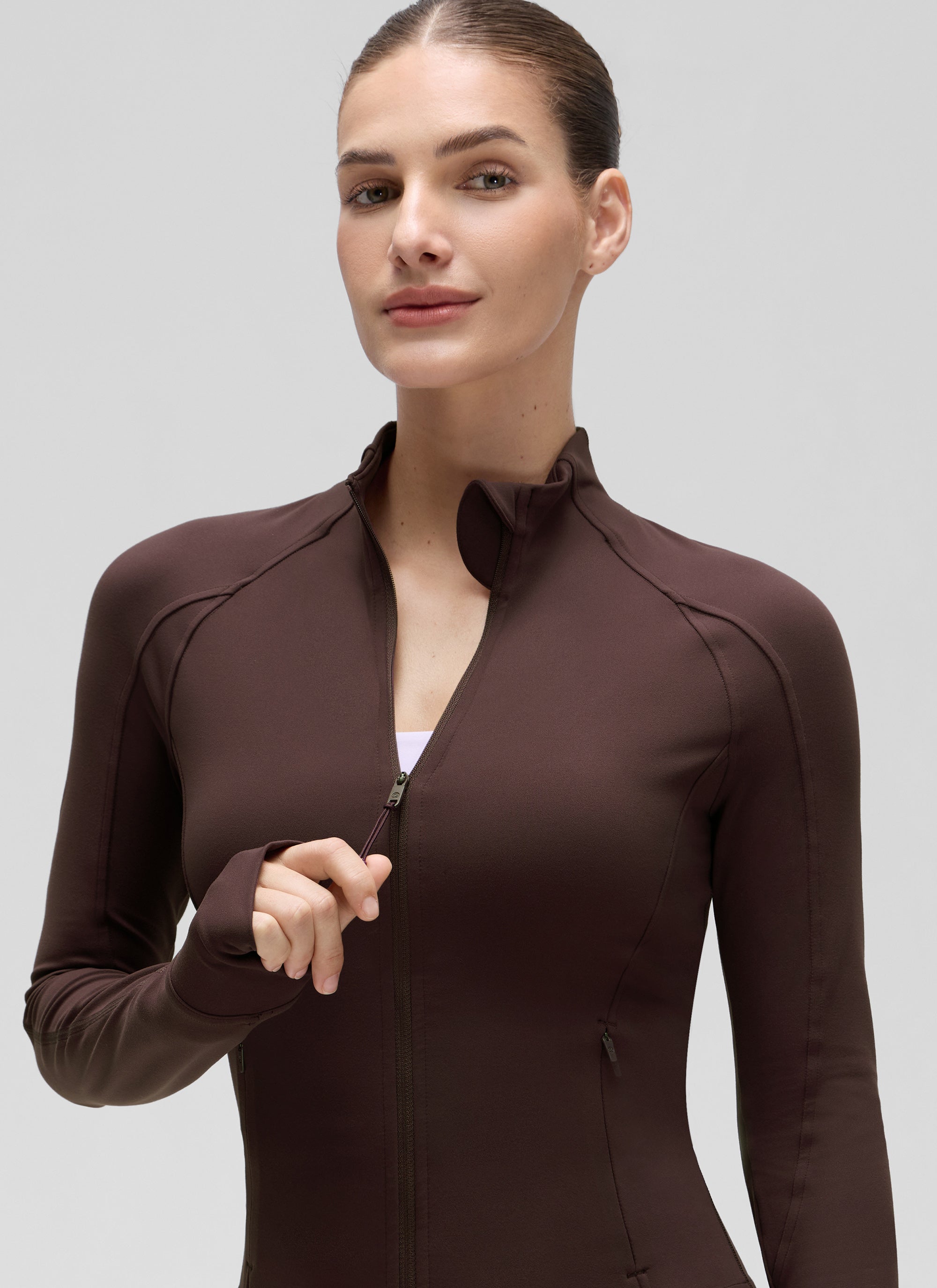 CRZ YOGA Damen Butterluxe Full Zipper Sport Jacke mit Daumenloch Heißes Fudge-Brown