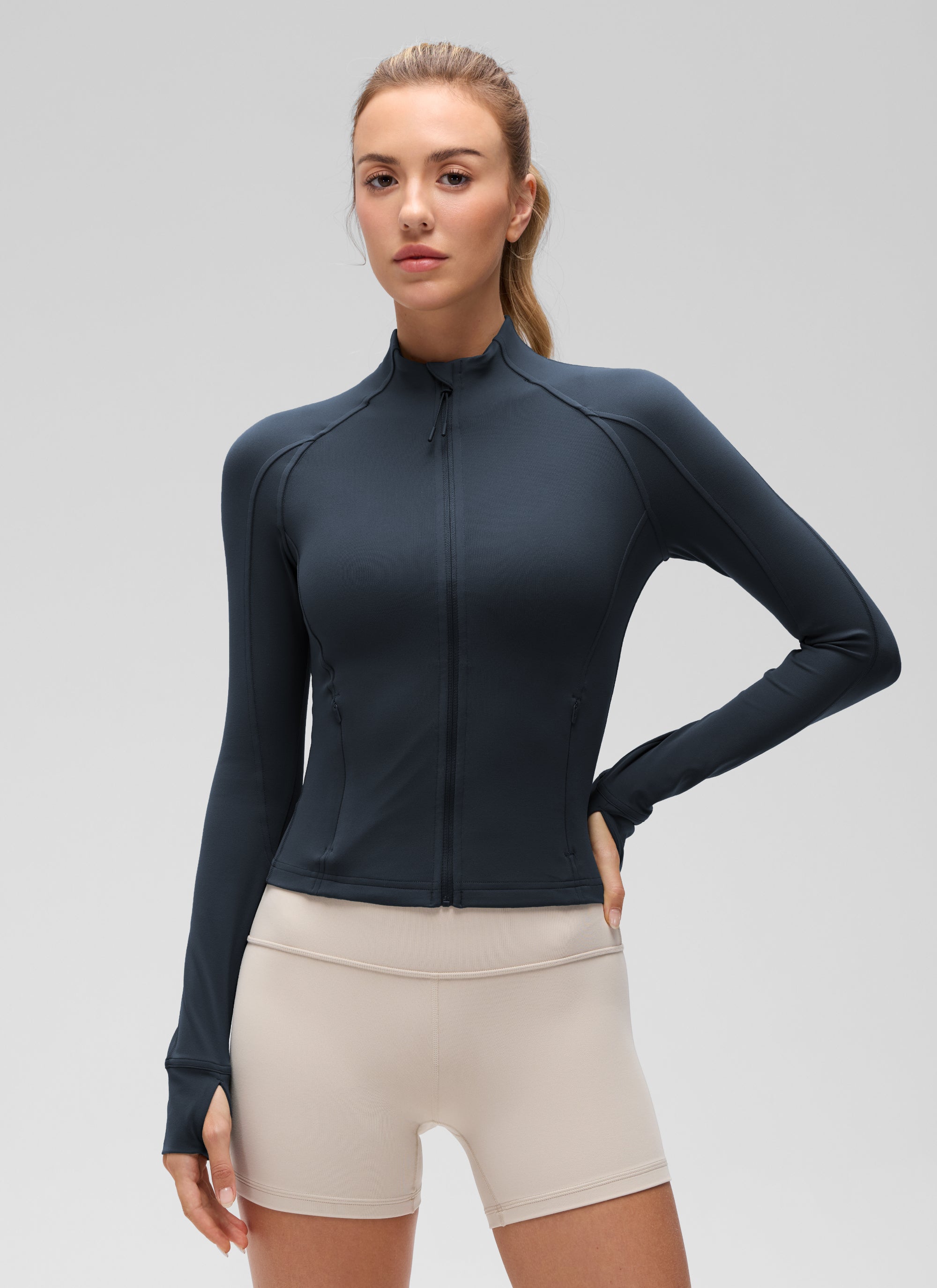 CRZ YOGA Damen Butterluxe Full Zipper Sport Jacke mit Daumenloch Echte Marine